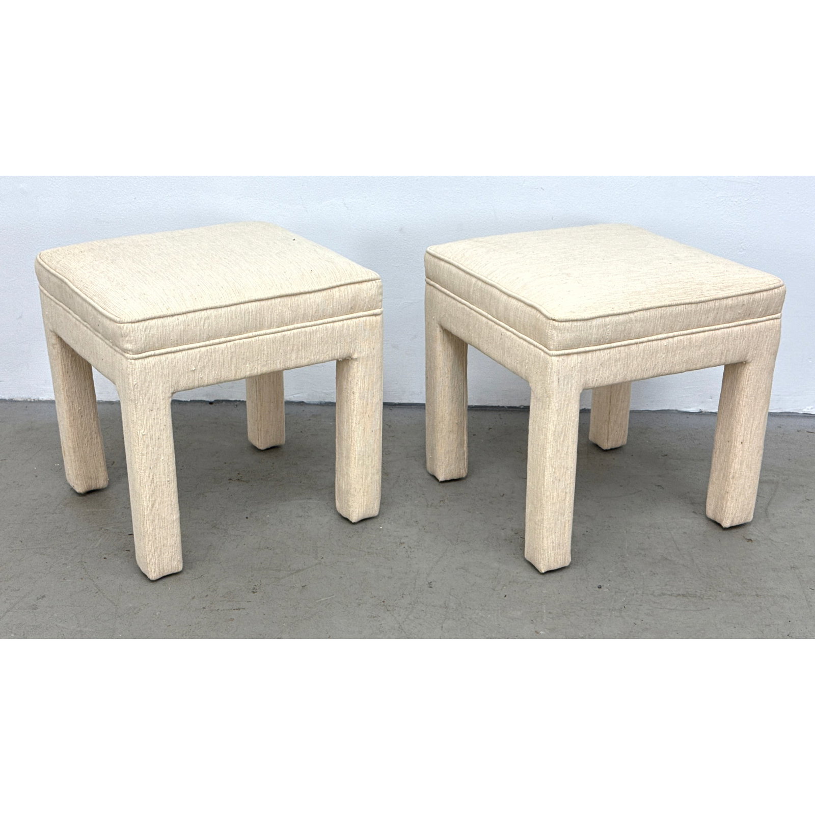 Pair of Vintage Mid-Century Parsons Style Upholstered Stools in Cream Ribbed Fabric. Baughman Style. (1 of 9)