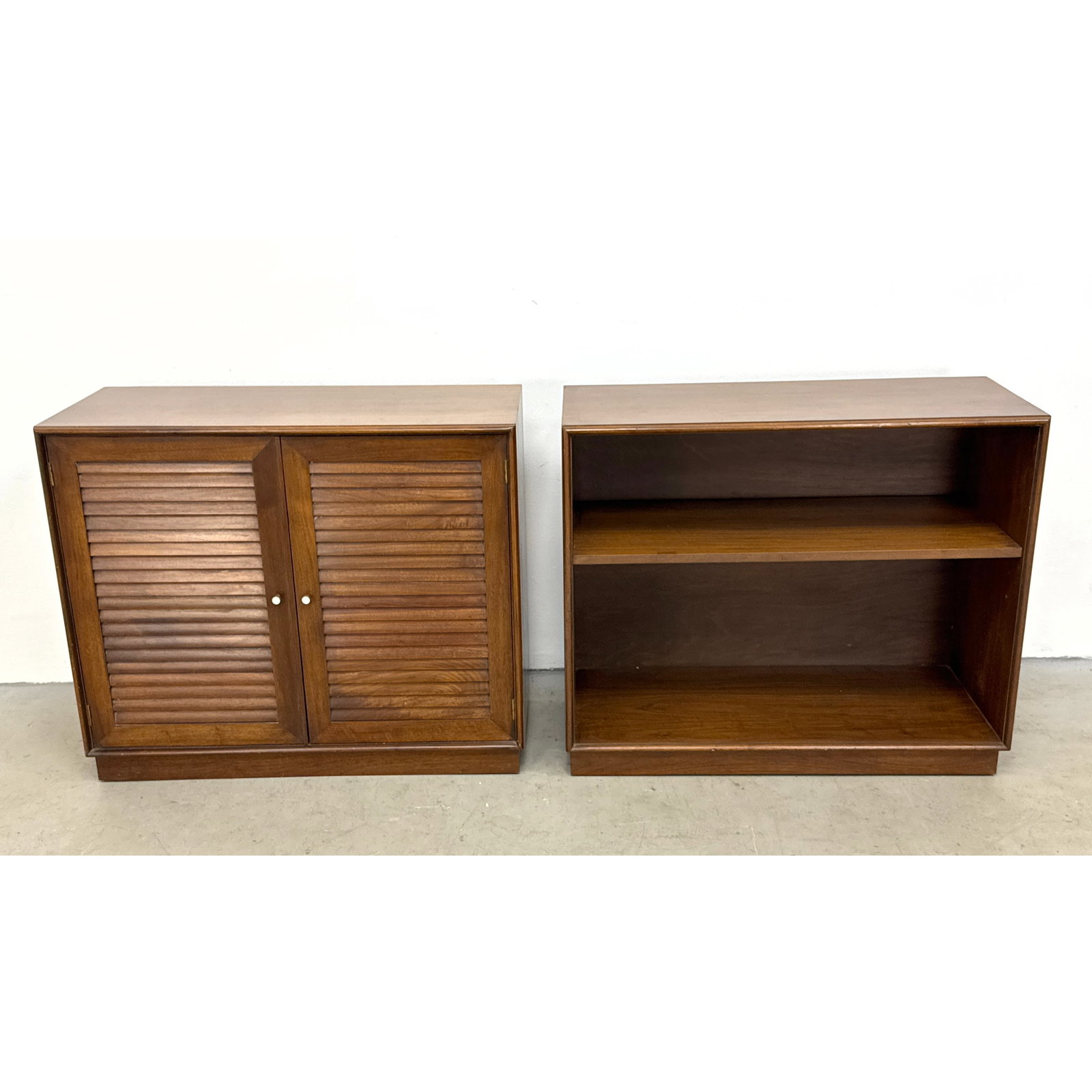 2pcs Mid-Century Modern Walnut Veneer Low Cabinets with Louvered Jalousie Doors and Open Bookcase: 2pcs Mid-Century Modern Walnut Veneer Low Cabinets with Louvered Jalousie Doors and Open Bookcase Dimensions: Height: 30.5 inches, Width: 36 inches, Depth: 16 inches. ---