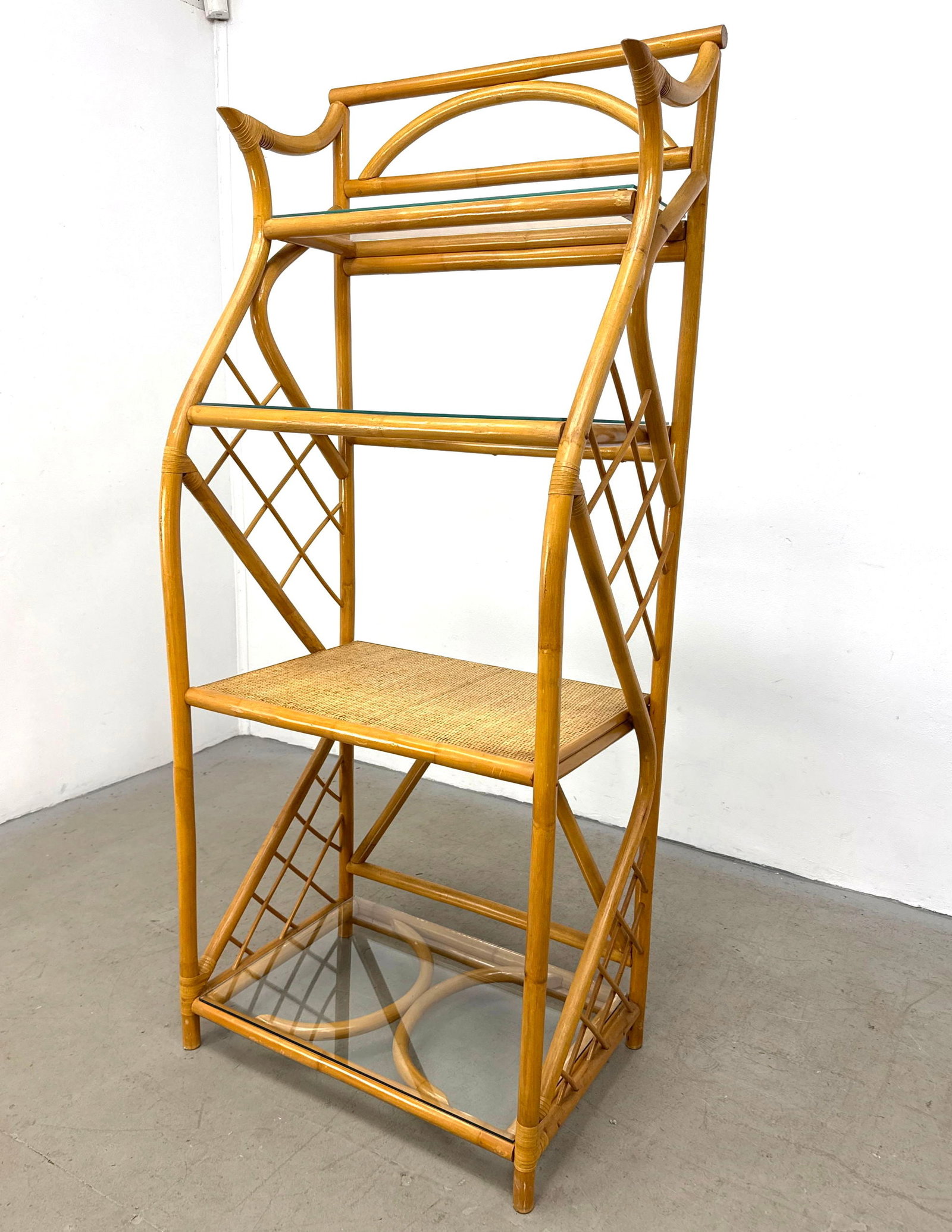 Rattan and Glass 4 Tier Etagere with Woven Cane Shelf and Diamond Lattice Sides (1 of 12)