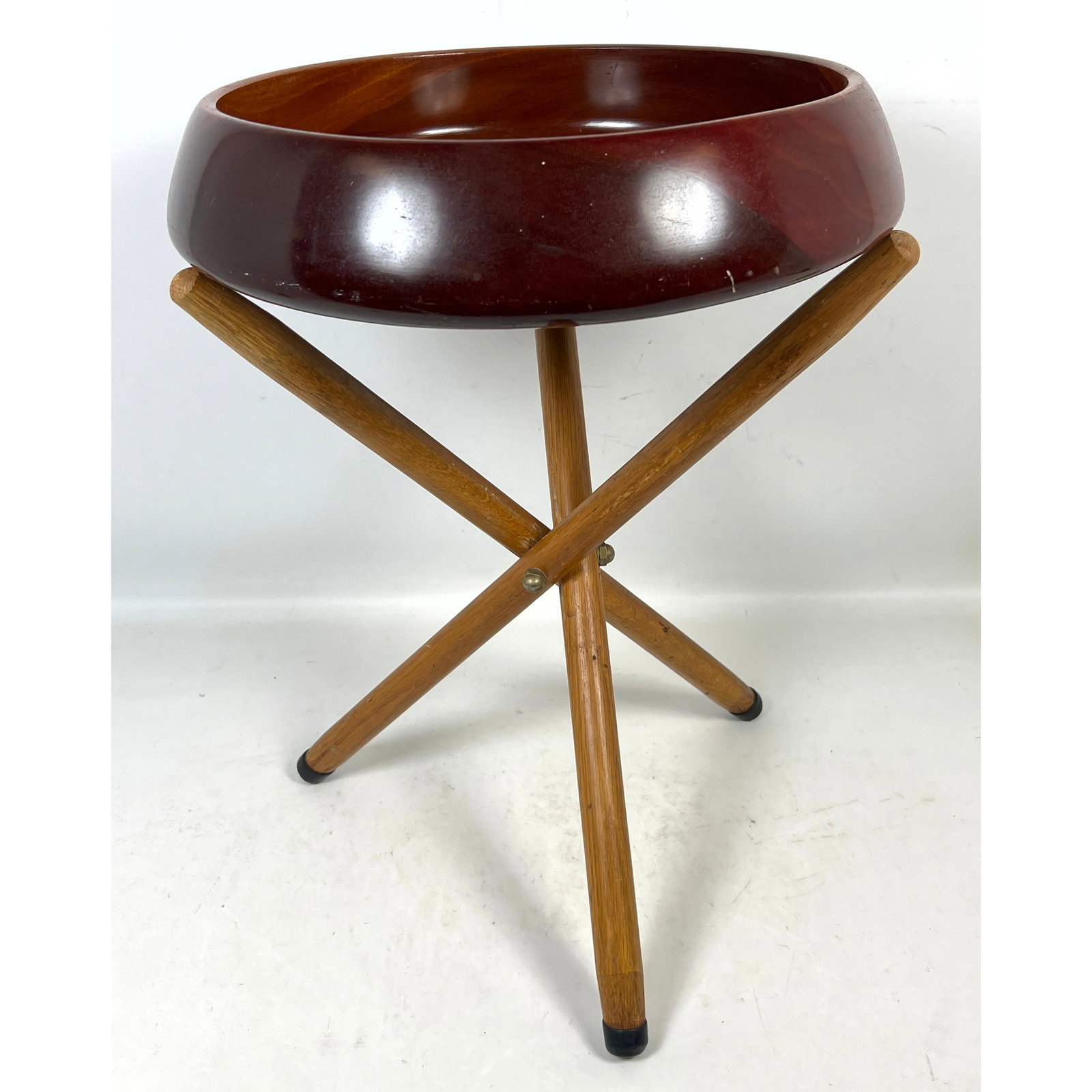 Mid-century modern large turned wood salad bowl on folding wood tripod stand. Unsigned. (1 of 8)
