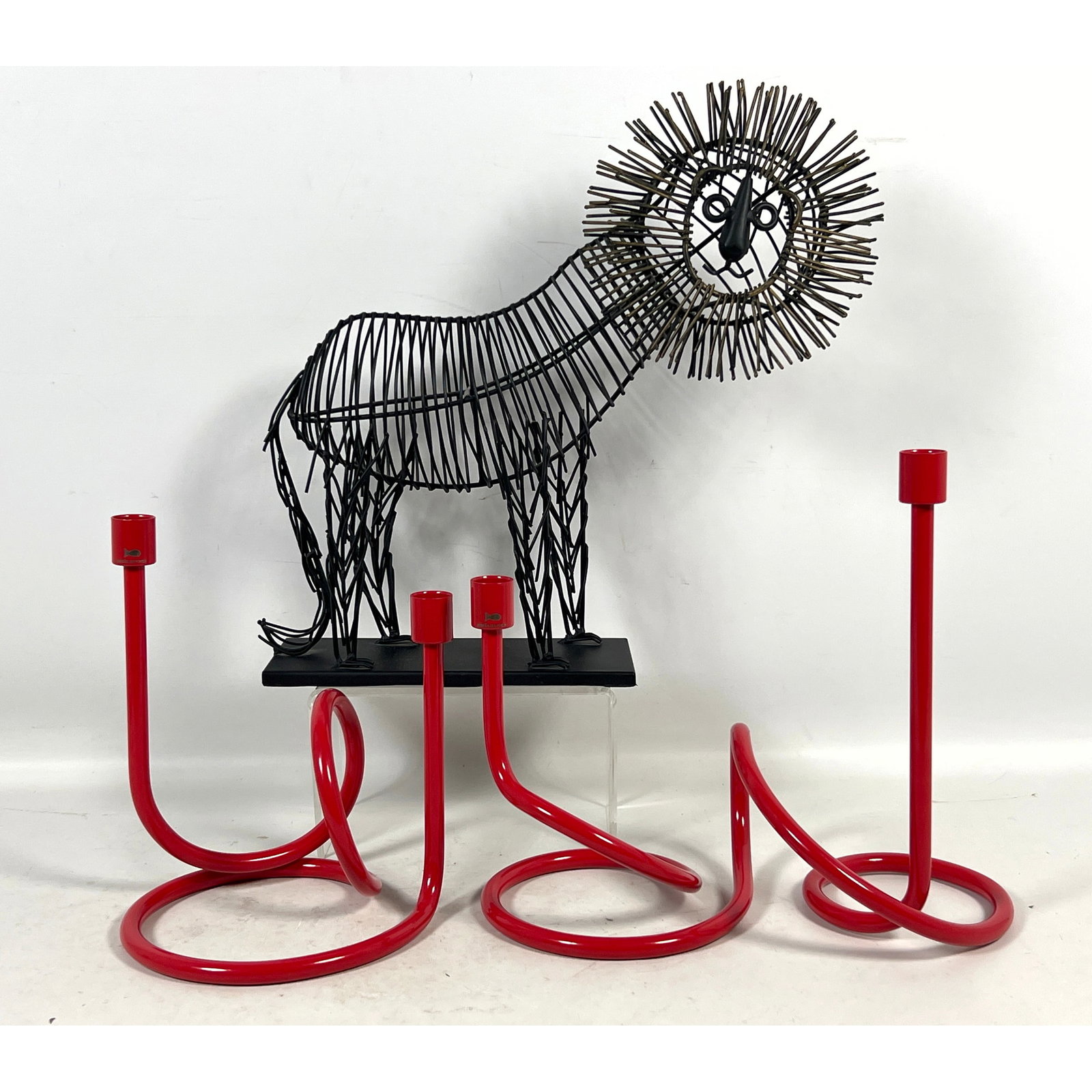 3pc Lot. Metal Lion sculpture and 2pc Paola Navone red metal candle holders - candle holders bearing (1 of 14)