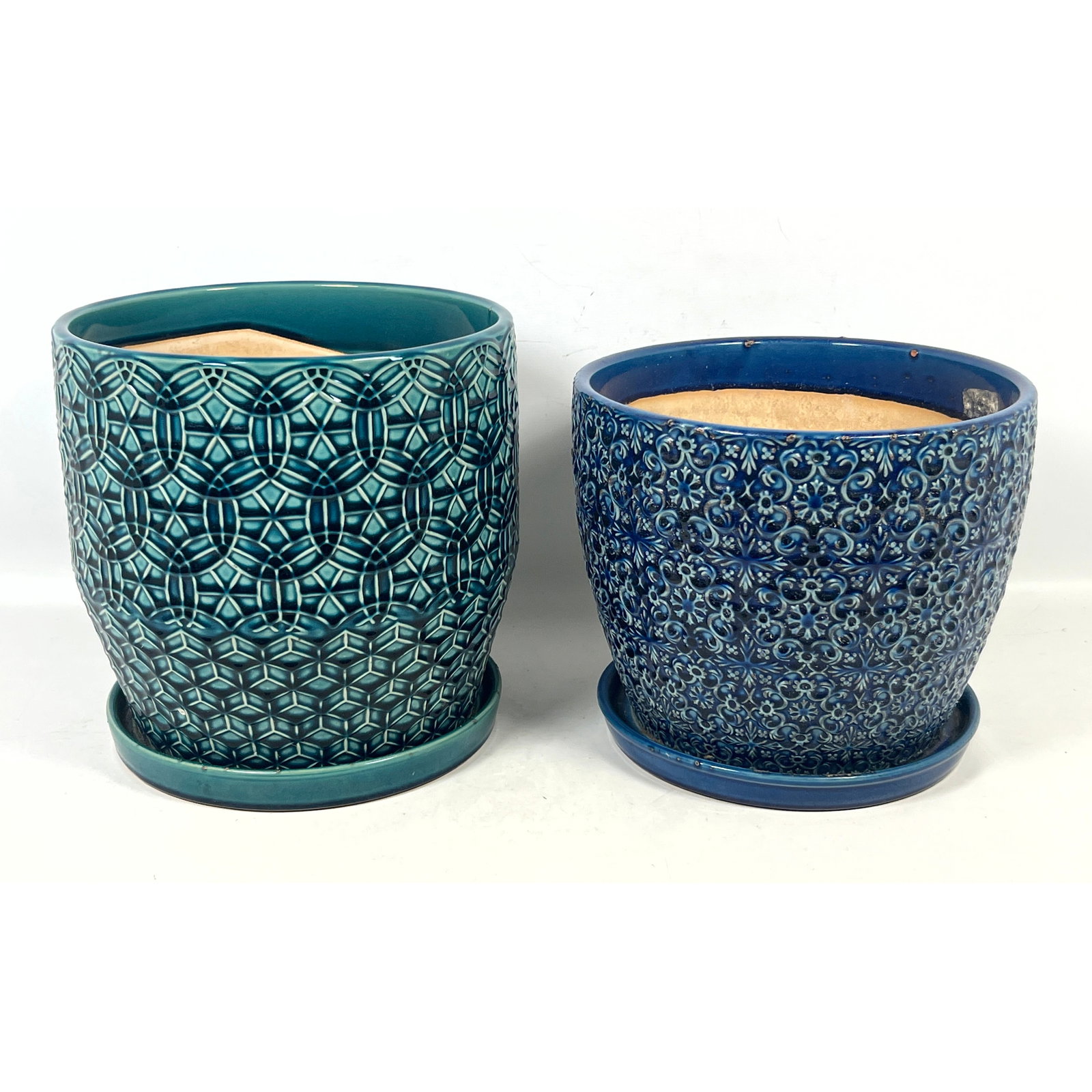 Pr Contemporary Glazed Ceramic Planters with Saucers in Teal and Navy Blue with Geometric and Floral (1 of 11)