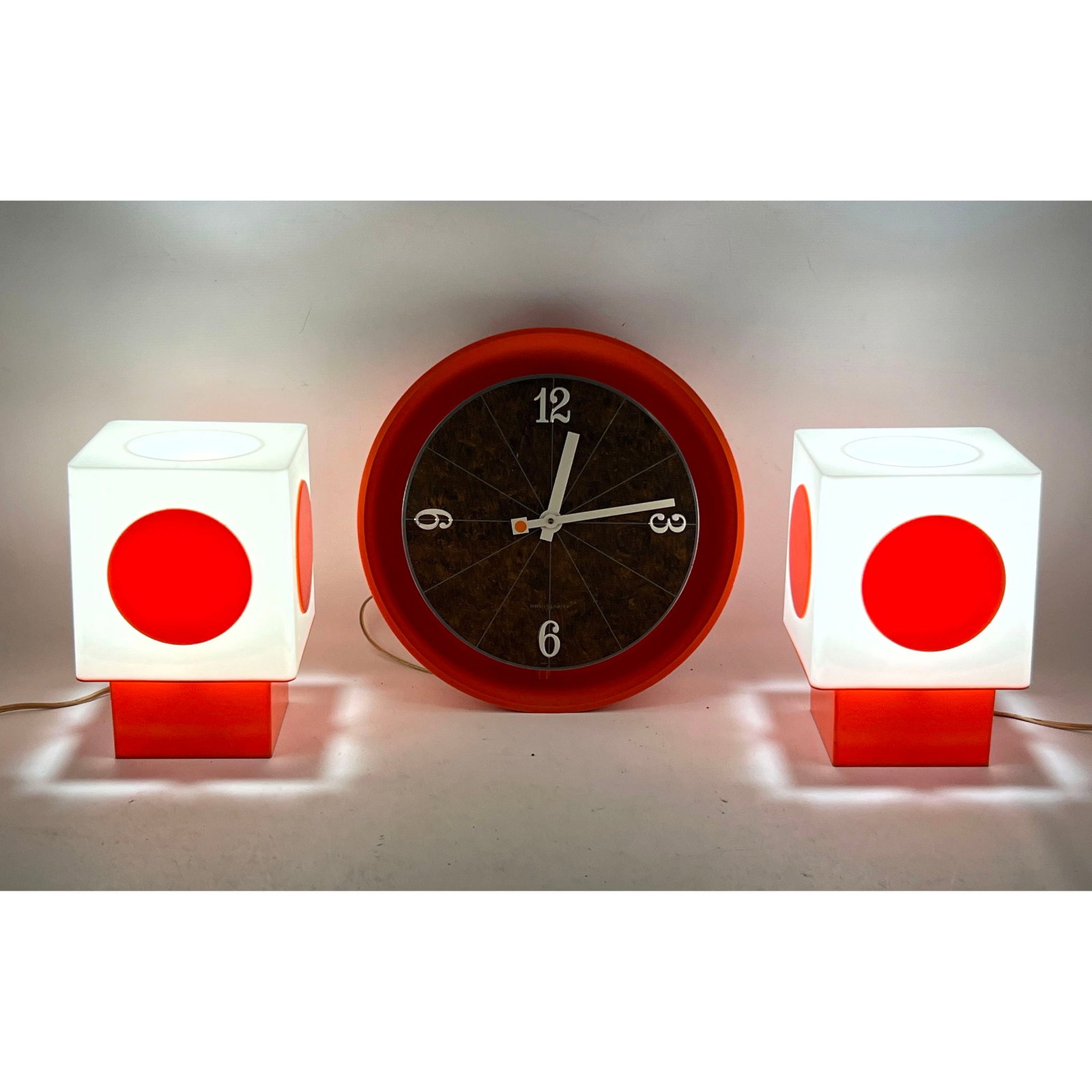 3pc Space Age Lighting and Clock set featuring a General Electric orange wall clock and pair of oran (1 of 16)