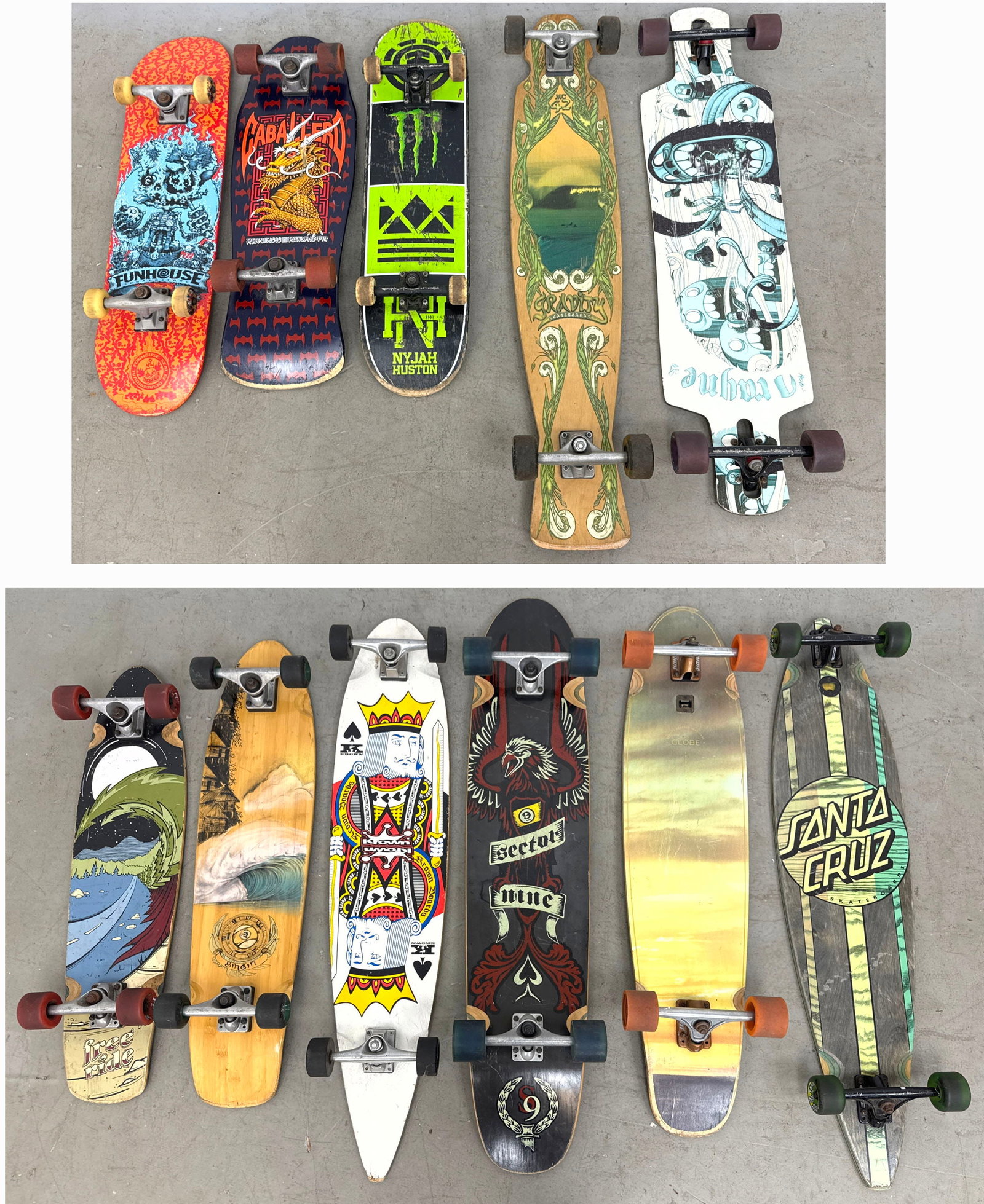 11pc Mixed lot of Skateboards and Longboards including Santa Cruz, Sector 9, Element Nyjah Huston, G (1 of 19)