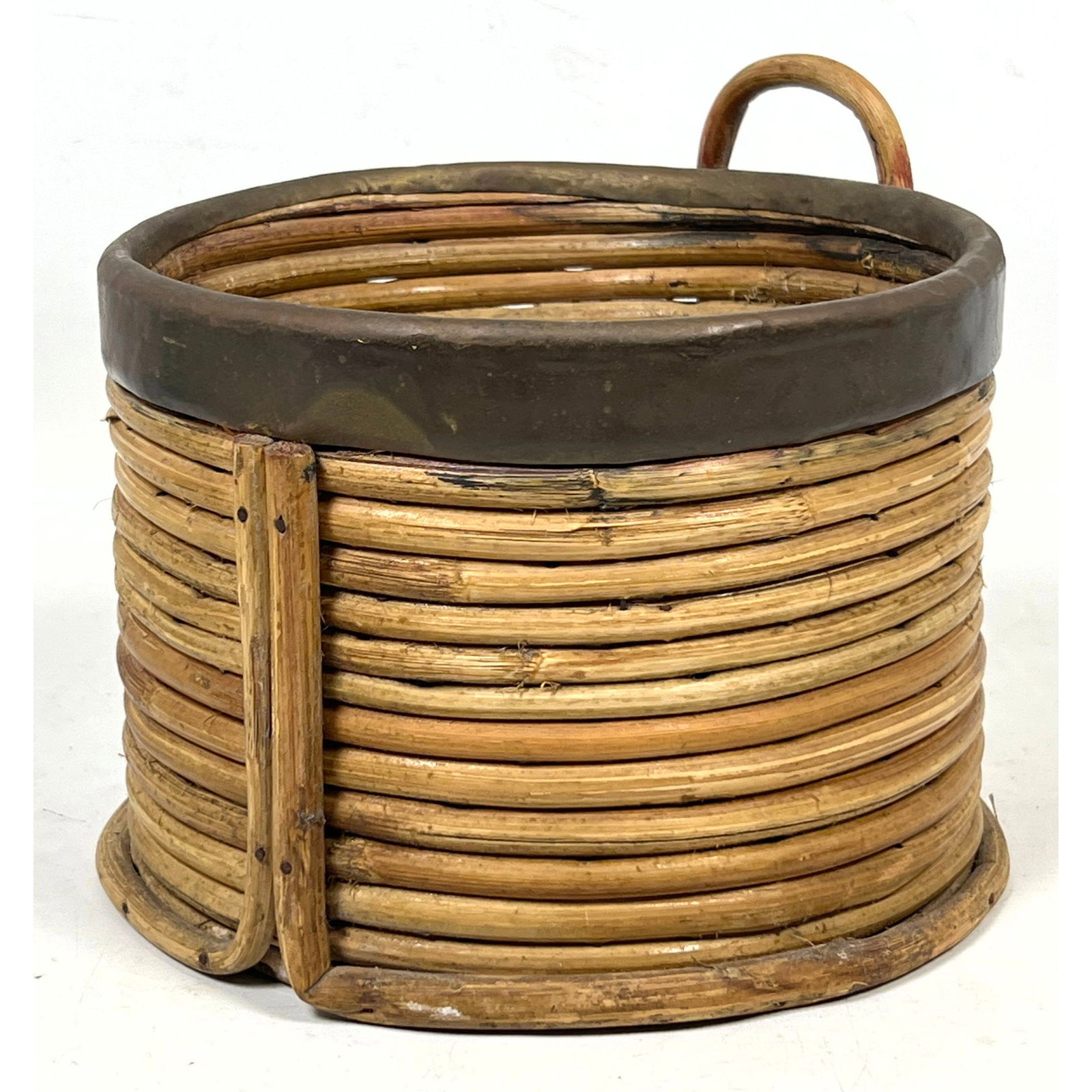 Italian coiled pencil reed rattan and brass trim basket with handle. Crespi Style. (1 of 8)