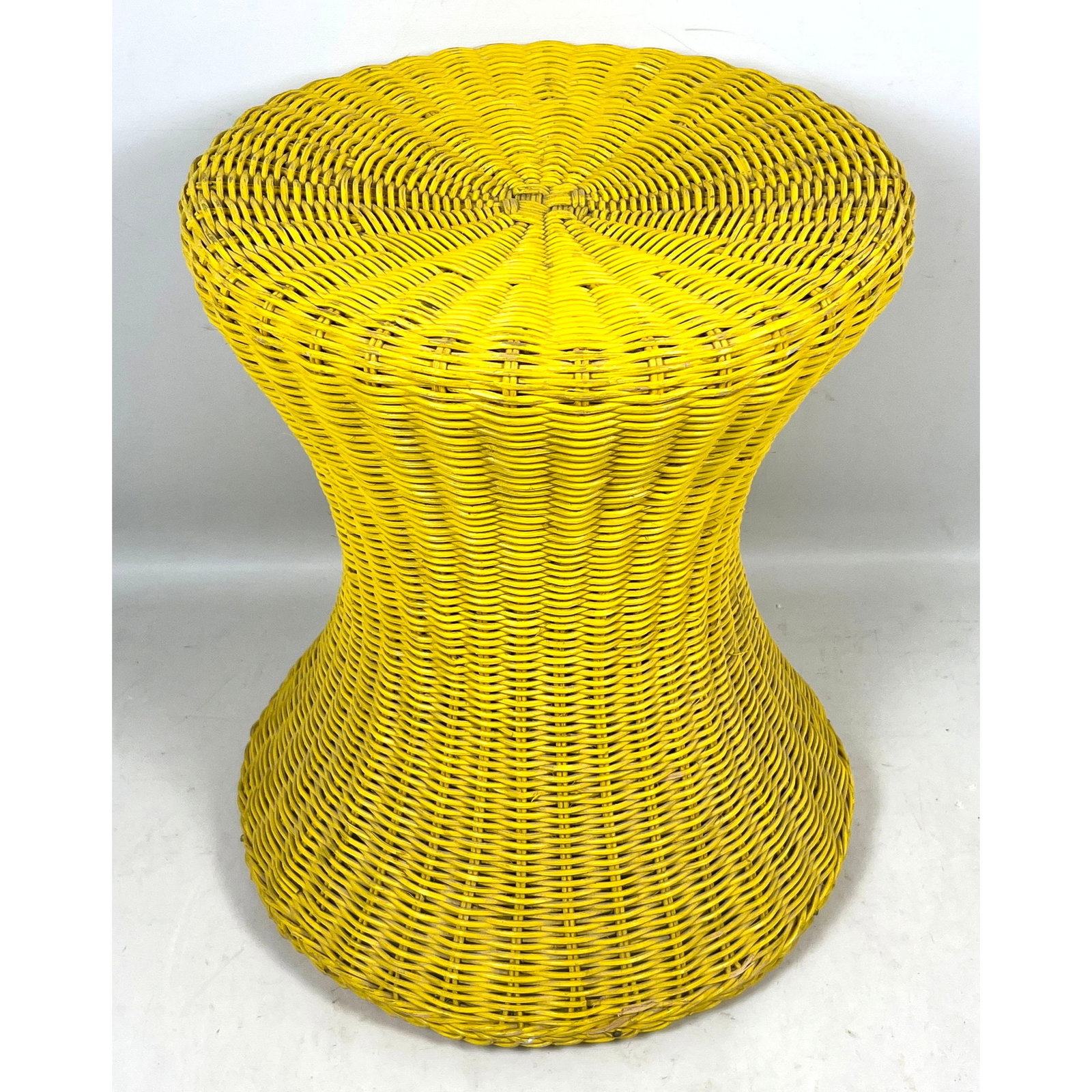 Vintage Woven Wicker Hourglass Side Table Garden Stool in Bright Yellow. Made in Hong Kong. (1 of 9)