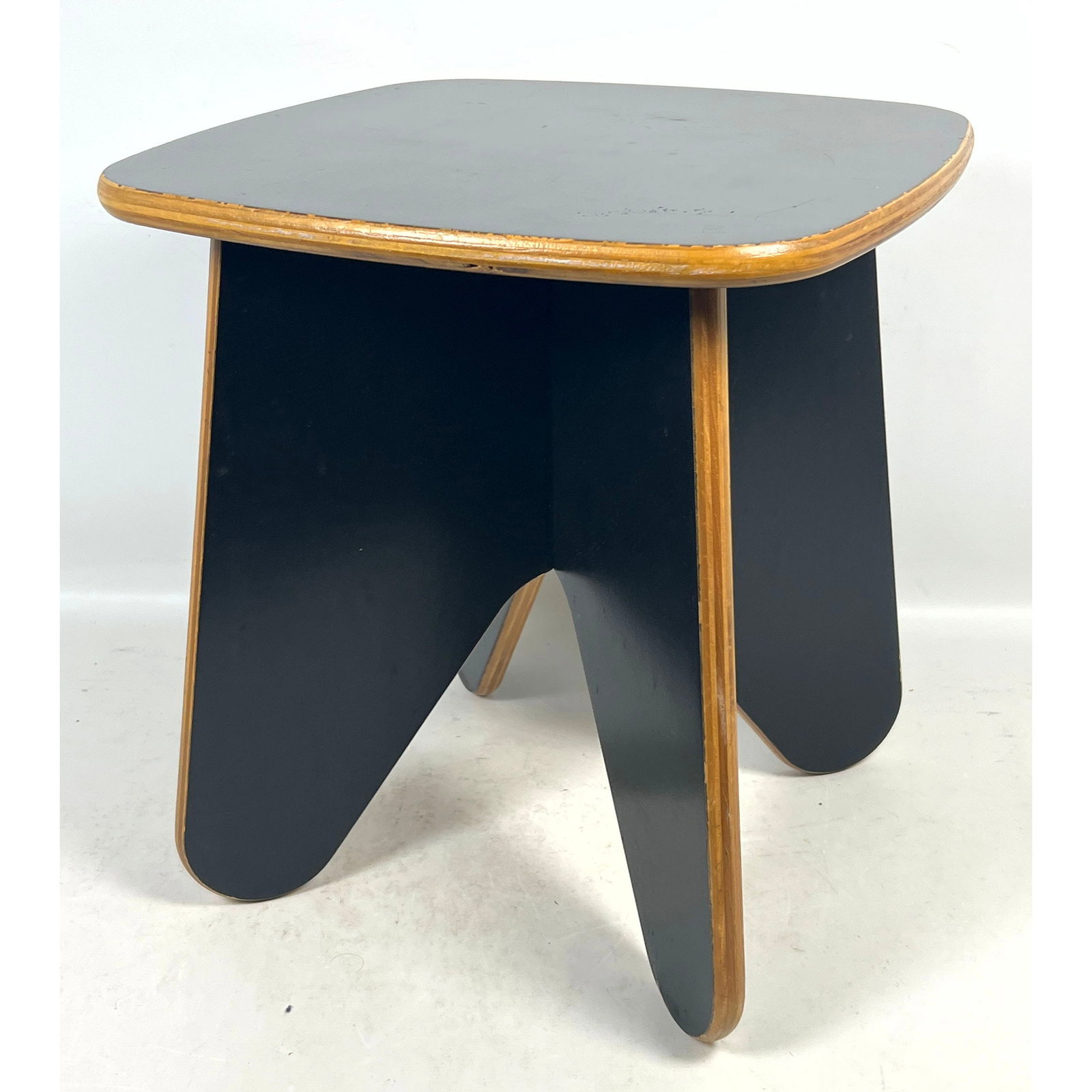 Mid-Century Modern style plywood and black laminate tripod side table or stool in the style of Lex P (1 of 10)