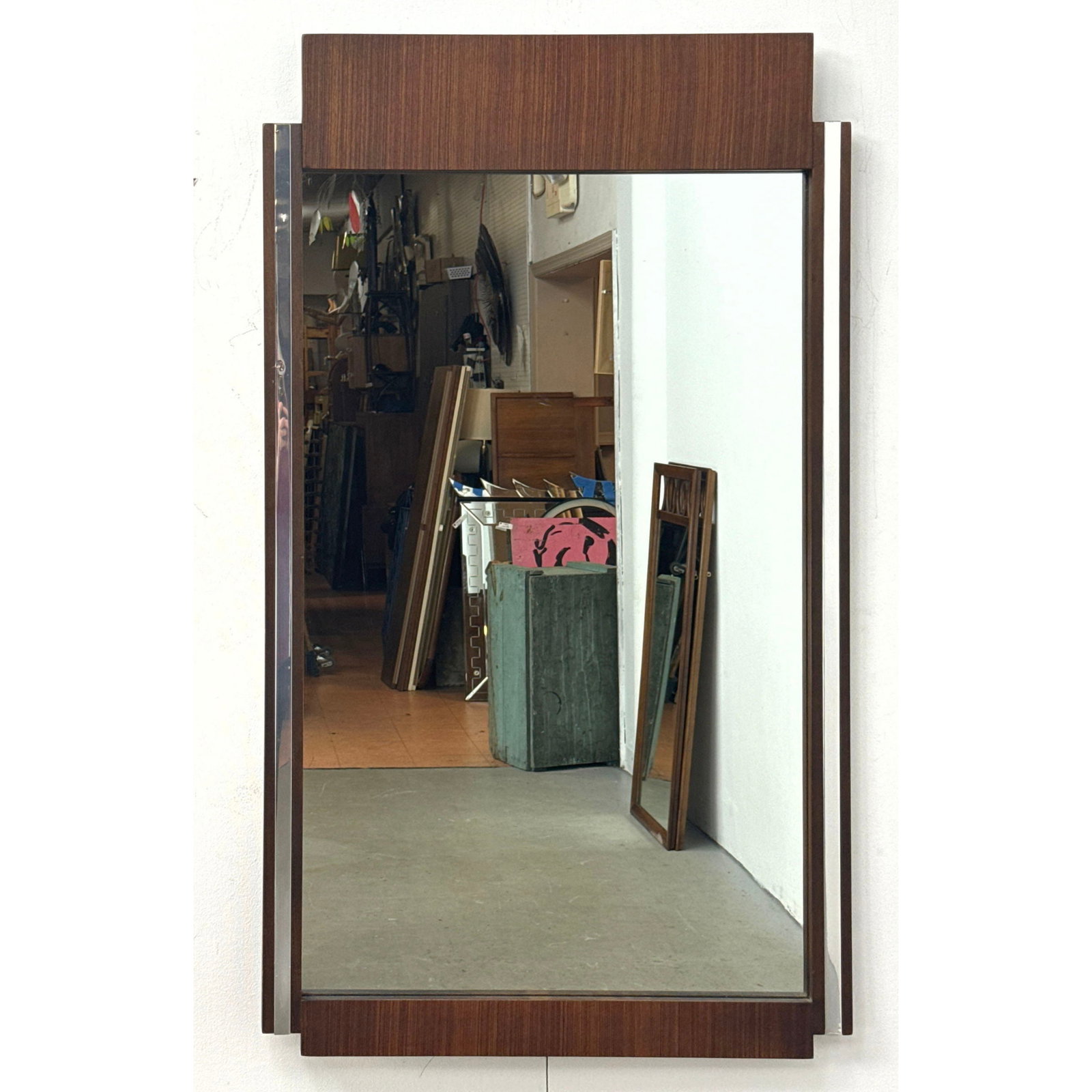 Broyhill Premier Mid Century Modern Walnut and Chrome Wall Mirror with Stepped Frame and Chrome Meta: Broyhill Premier Mid Century Modern Walnut and Chrome Wall Mirror with Stepped Frame and Chrome Metal Inset Accents Dimensions: Height: 46 inches, Width: 26.5 inches. ---