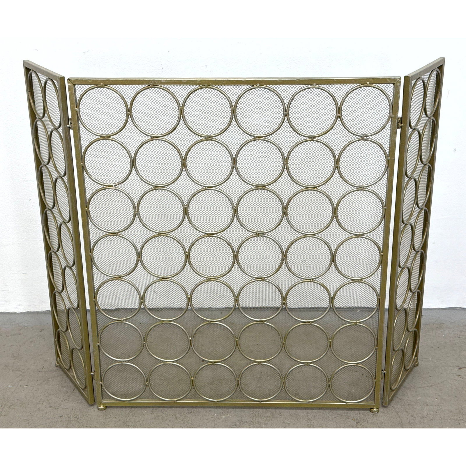 3 panel gold toned metal fireplace screen in the Mid-Century Modern Hollywood Regency style with int (1 of 9)