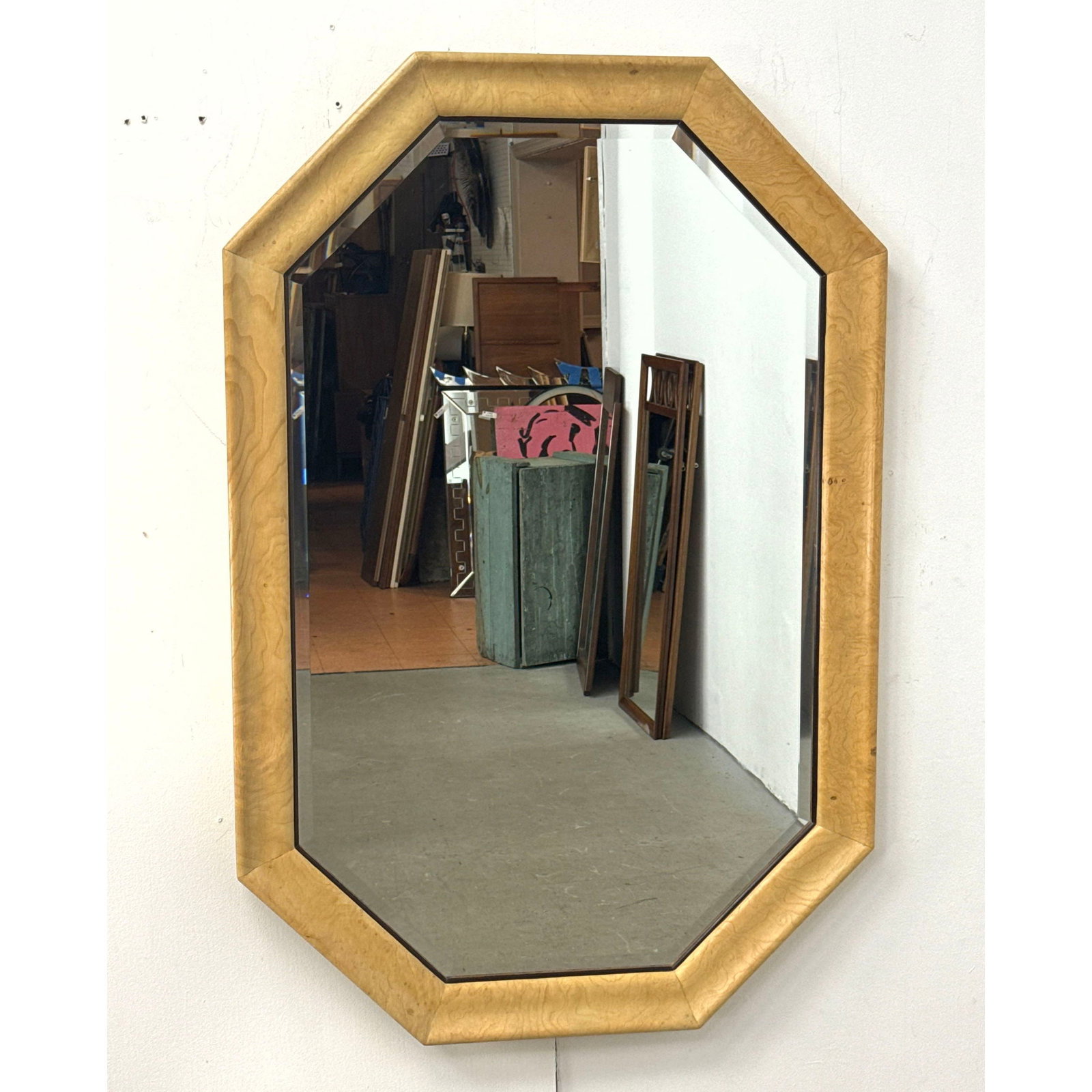 Henredon Scene Two Post Modern Burl Wood Octagonal Beveled Wall Mirror with Dark Contrasting Trim (1 of 11)