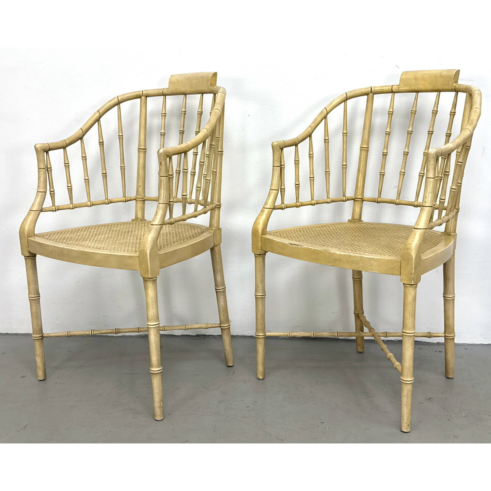 Pair Baker Furniture Attributed Hollywood Regency Faux Bamboo and Cane Tub Armchairs. (1 of 9)