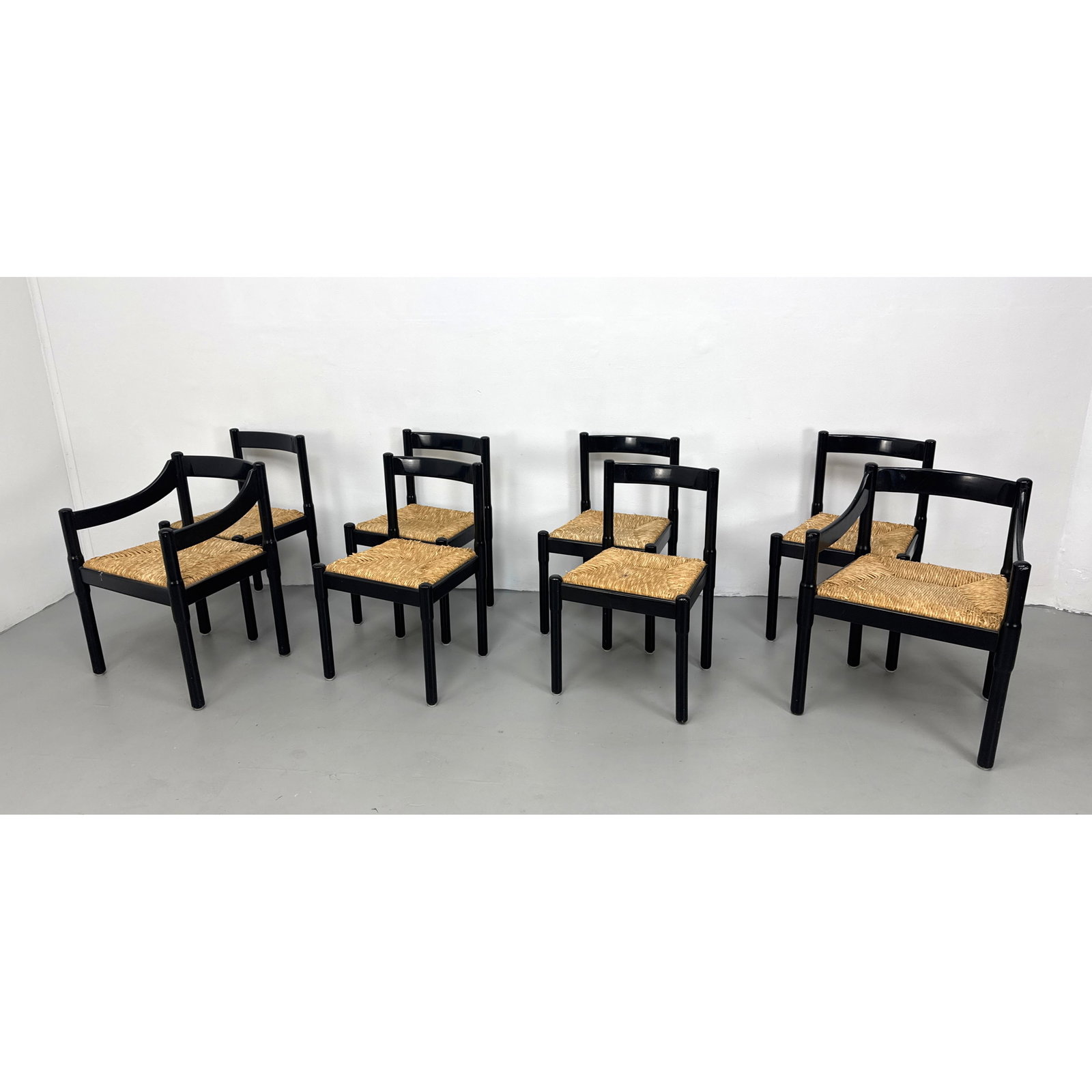 Set of 8 Vico Magistretti Attributed Carimate Dining chairs. Two armchairs and six side chairs. Made (1 of 15)