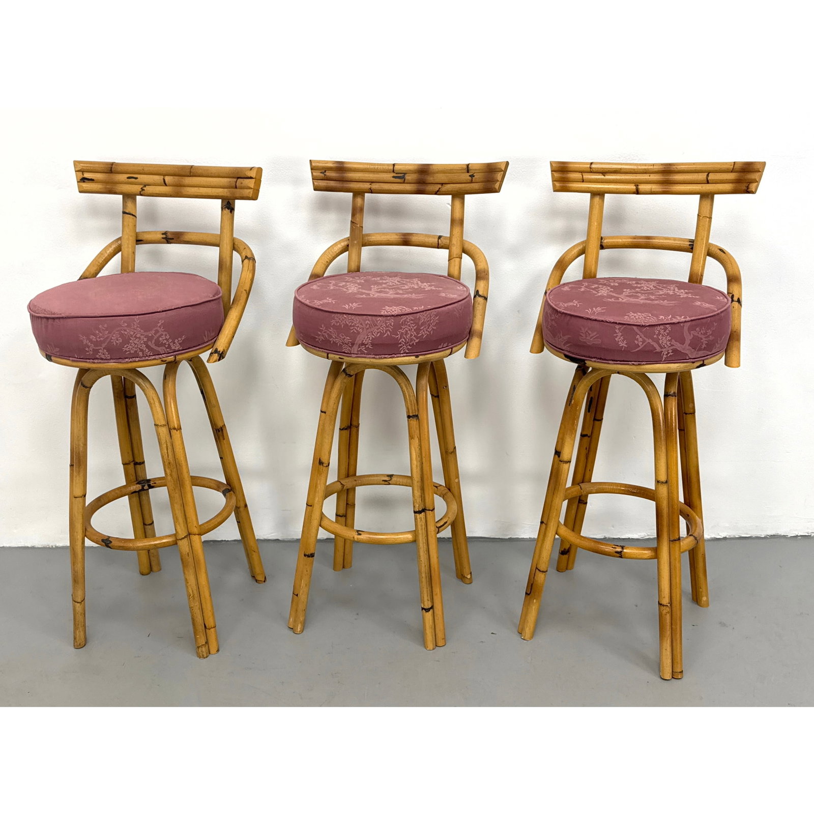 3pcs Mid-Century Modern Rattan Swivel Bar Stools. Triple back design. (1 of 17)