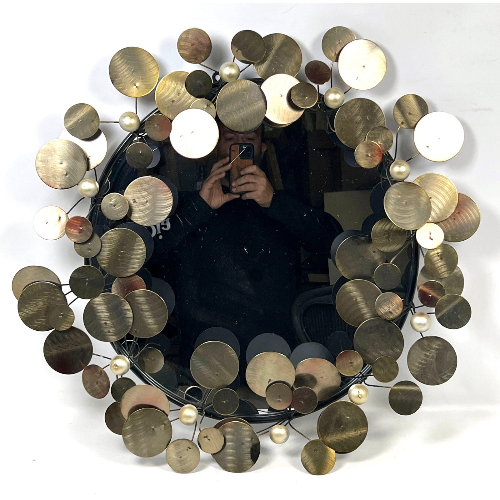 Jere Style Wall Mirror with Round Discs Frame.: Jere Style Wall Mirror with Round Discs Frame. Dimensions: Height: 25 inches, Width: 25 inches, Depth: 5 inches. ---