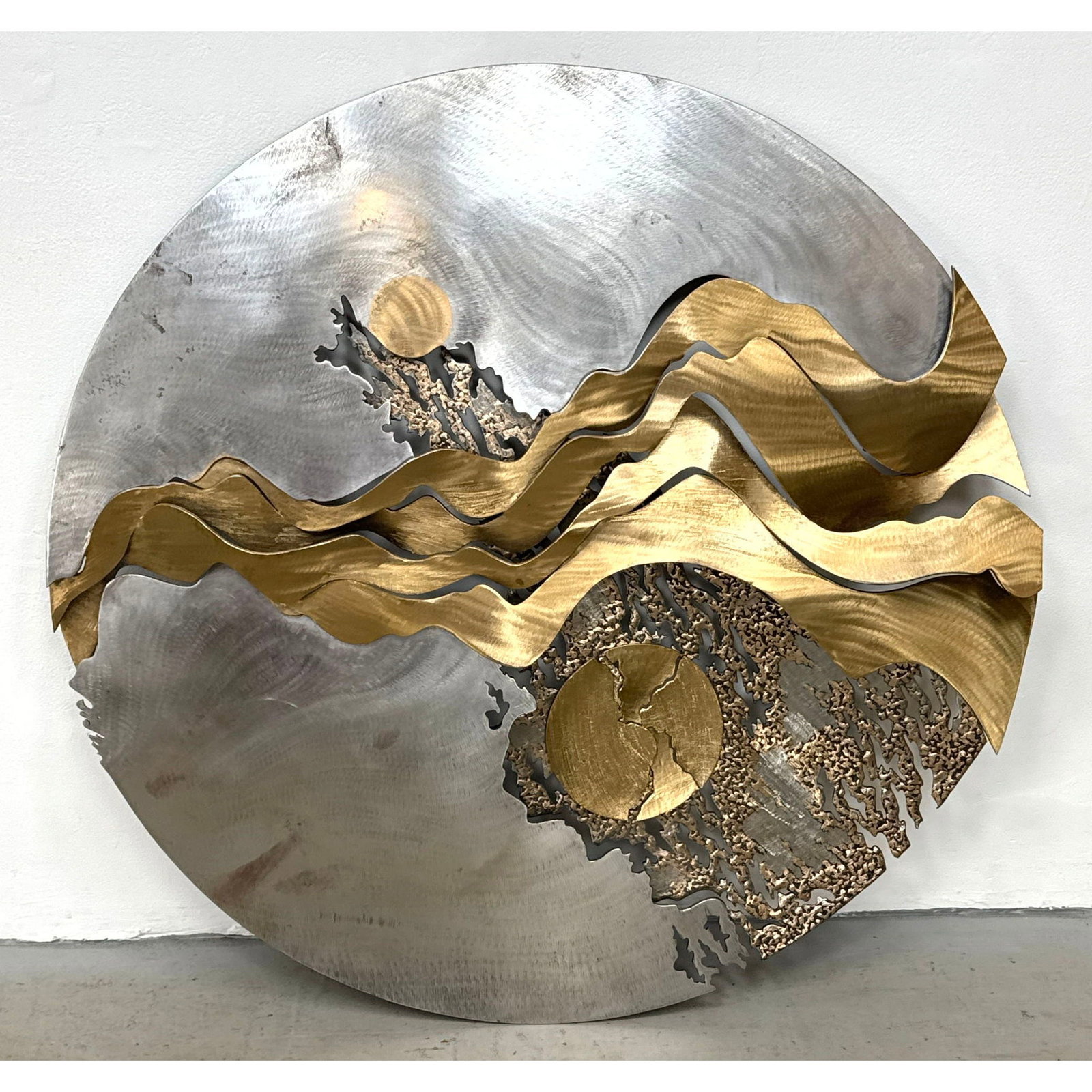 John Richen Desert Serenade Large Modernist Mixed Metal Tondo Wall Sculpture. Signed and dated 1990. (1 of 12)