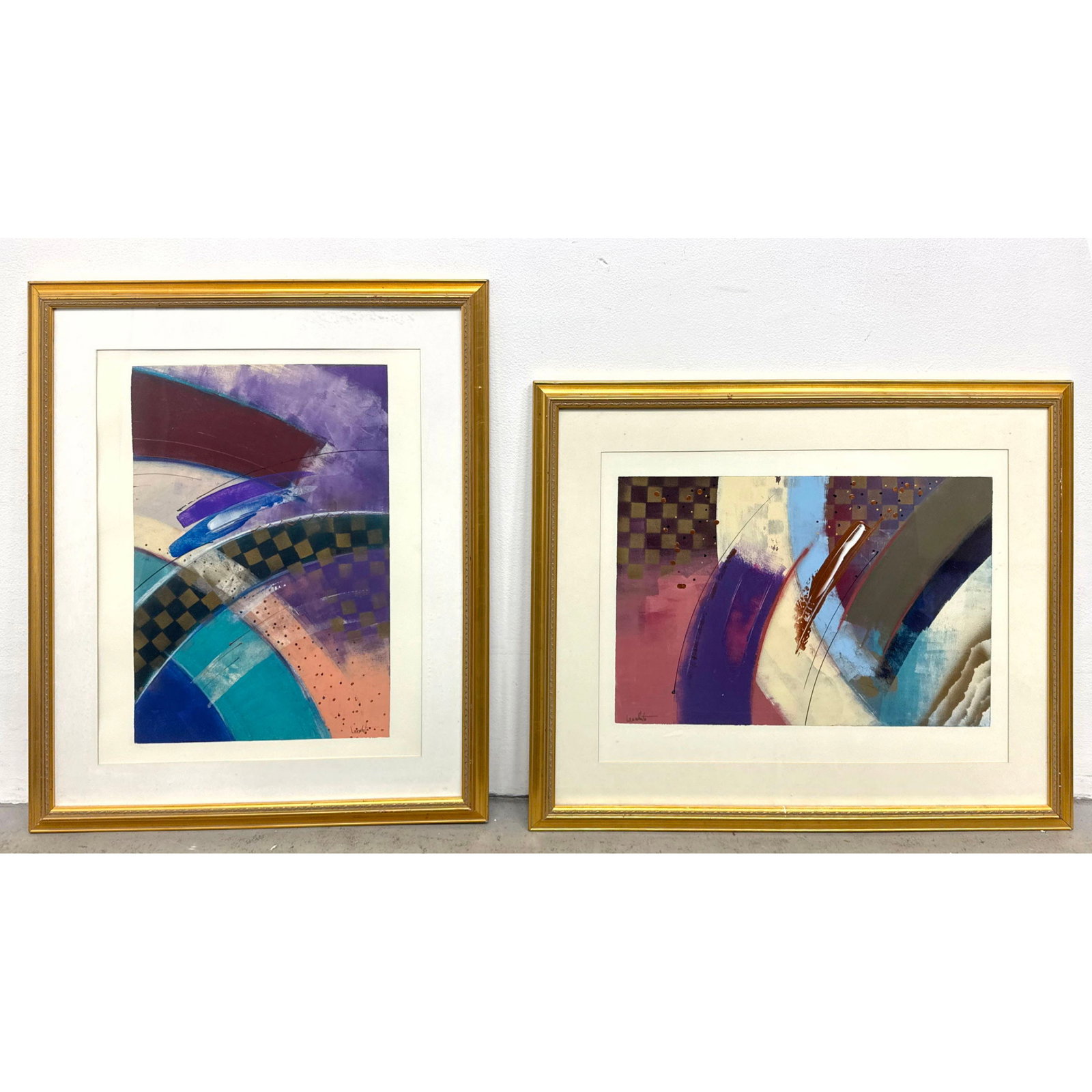 Pair of Lee White Mixed Media Abstract Paintings on Paper. Dynamic Geometric and Gestural Compositio (1 of 14)
