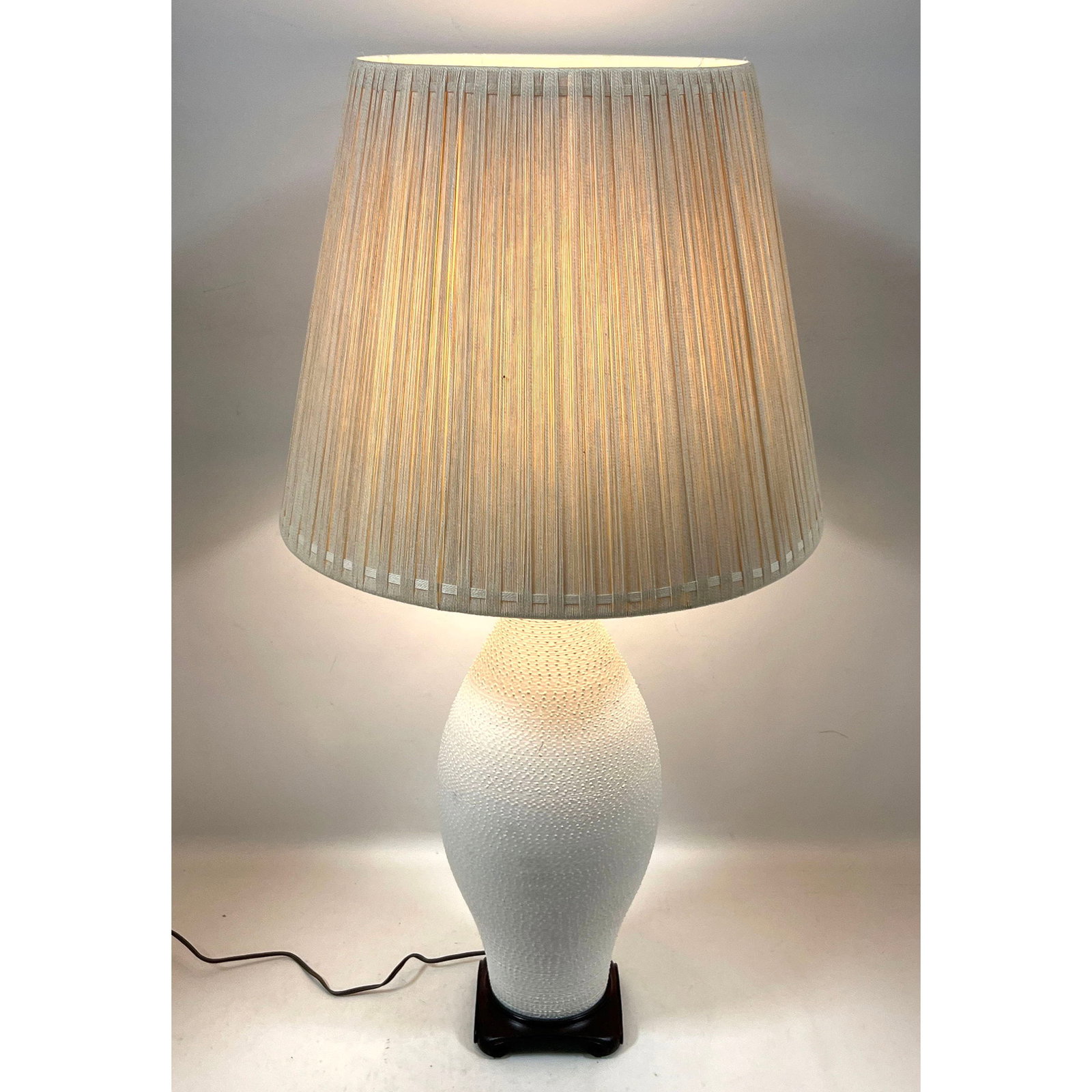 MId Century Modern Textured Ceramic Lamp with Pleated String Shade.: MId Century Modern Textured Ceramic Lamp with Pleated String Shade. Dimensions: Height: 39 inches, Width: 20 inches, Depth: 20 inches. - Additional Dimensions: Pottery only H: 20 inches ---