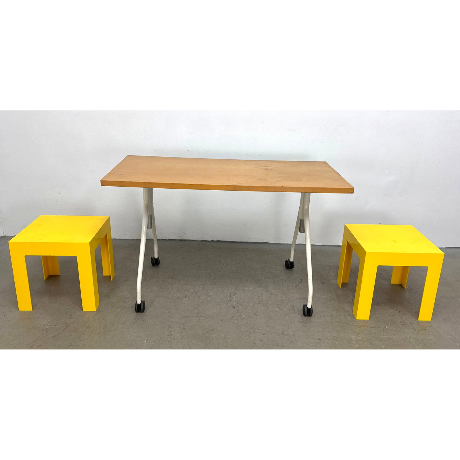 3pc Lot. Herman Miller Height Adjustable Mobile Work Table and Pair of Yellow Molded side tables (1 of 16)