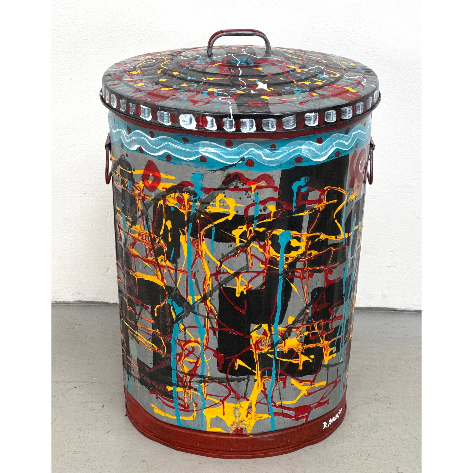 Dennis Sakelson Graffiti Painted Metal Trash Can with Lid. Abstract Expressionist Drip Style. Signed (1 of 10)