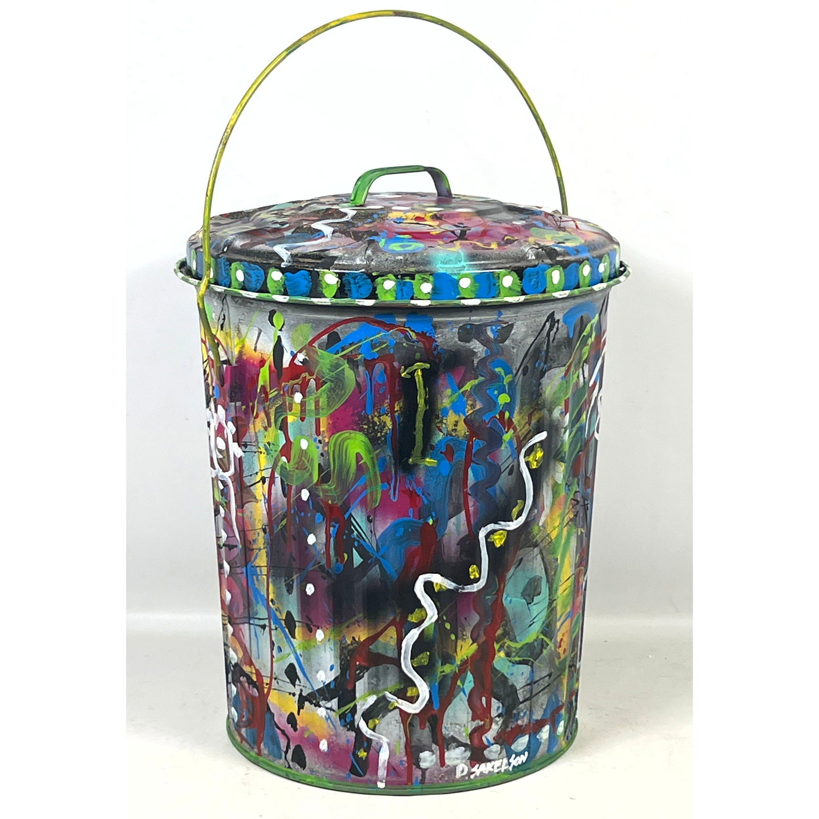 Dennis Sakelson Graffiti Painted Metal Trash Can with Lid. Abstract Expressionist Drip Style. Signed (1 of 10)