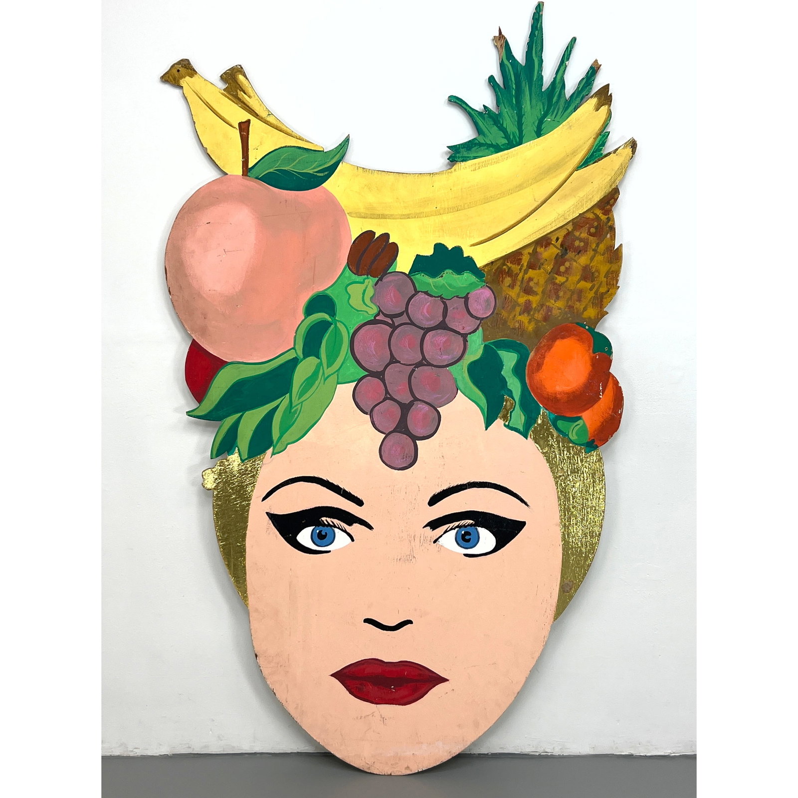 Large Painted Plywood Carmen Miranda Style Fruit Headdress Wall Art.: Large Painted Plywood Carmen Miranda Style Fruit Headdress Wall Art. Dimensions: Height: 78 inches, Width: 47 inches. ---