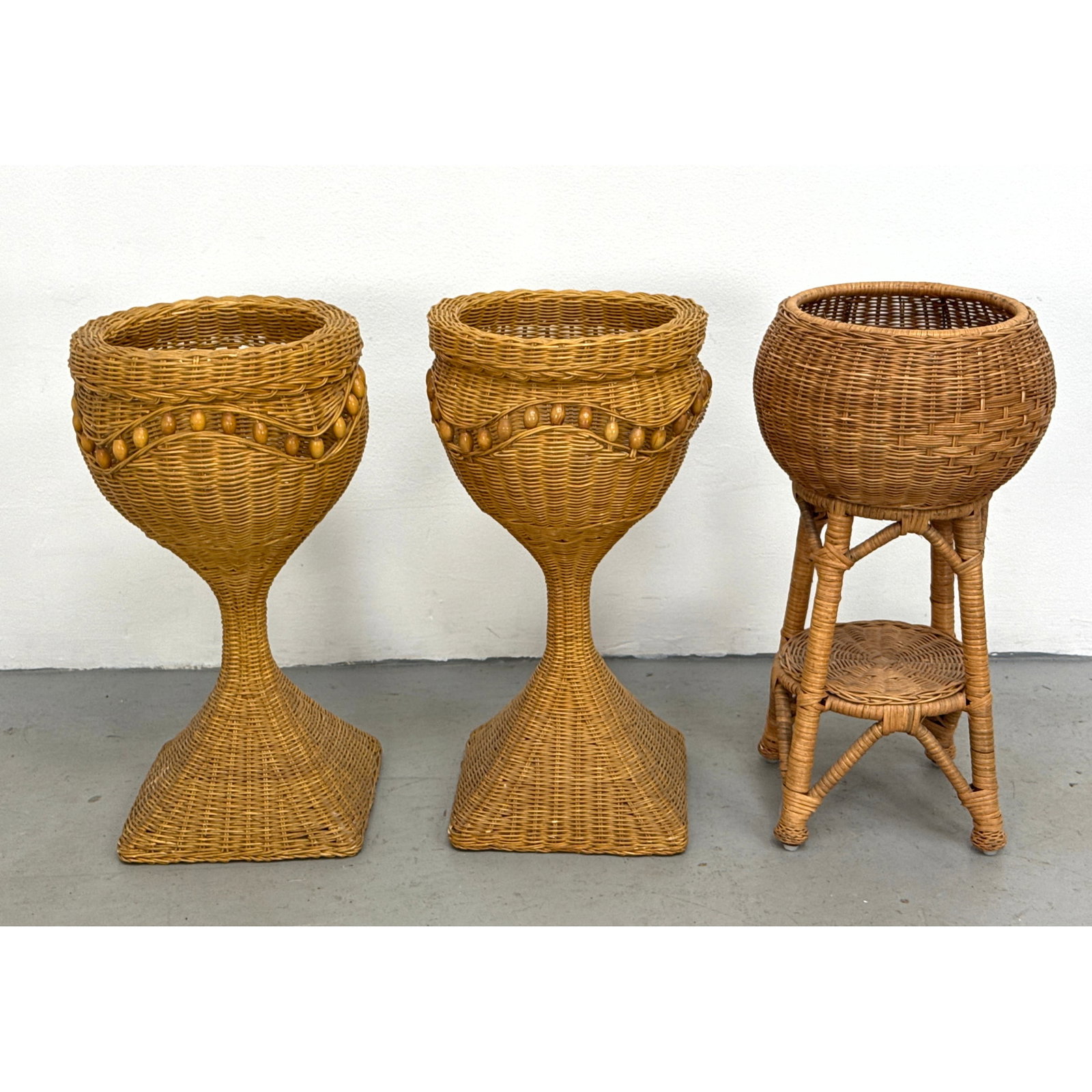 3pc Group of Vintage Woven Rattan and Wicker Pedestal Plant Stands in Urn and Tiered Forms (1 of 17)