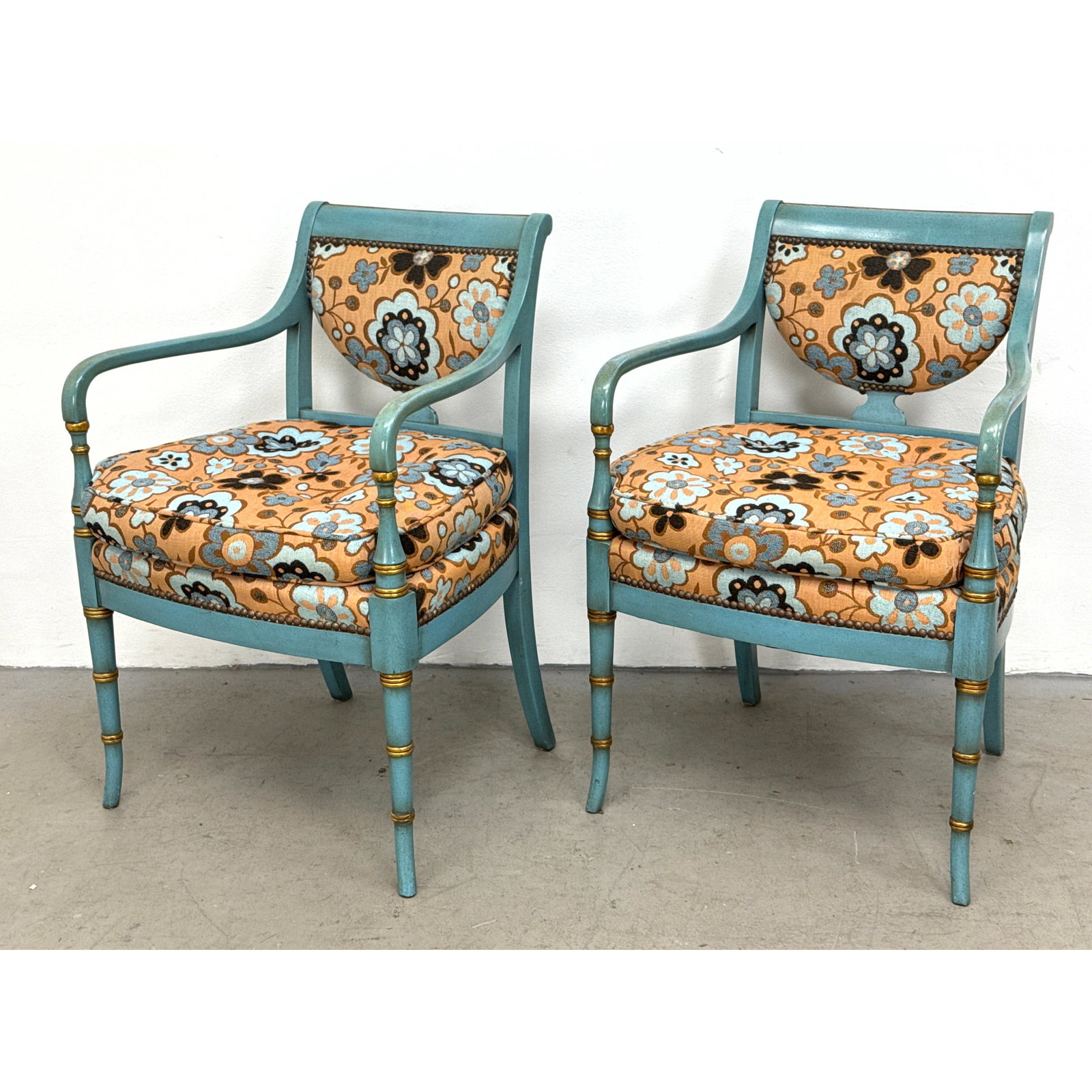 Pr Painted and Gilt Neoclassical Style Armchairs with Large Scale Floral Tapestry Upholstery (1 of 11)