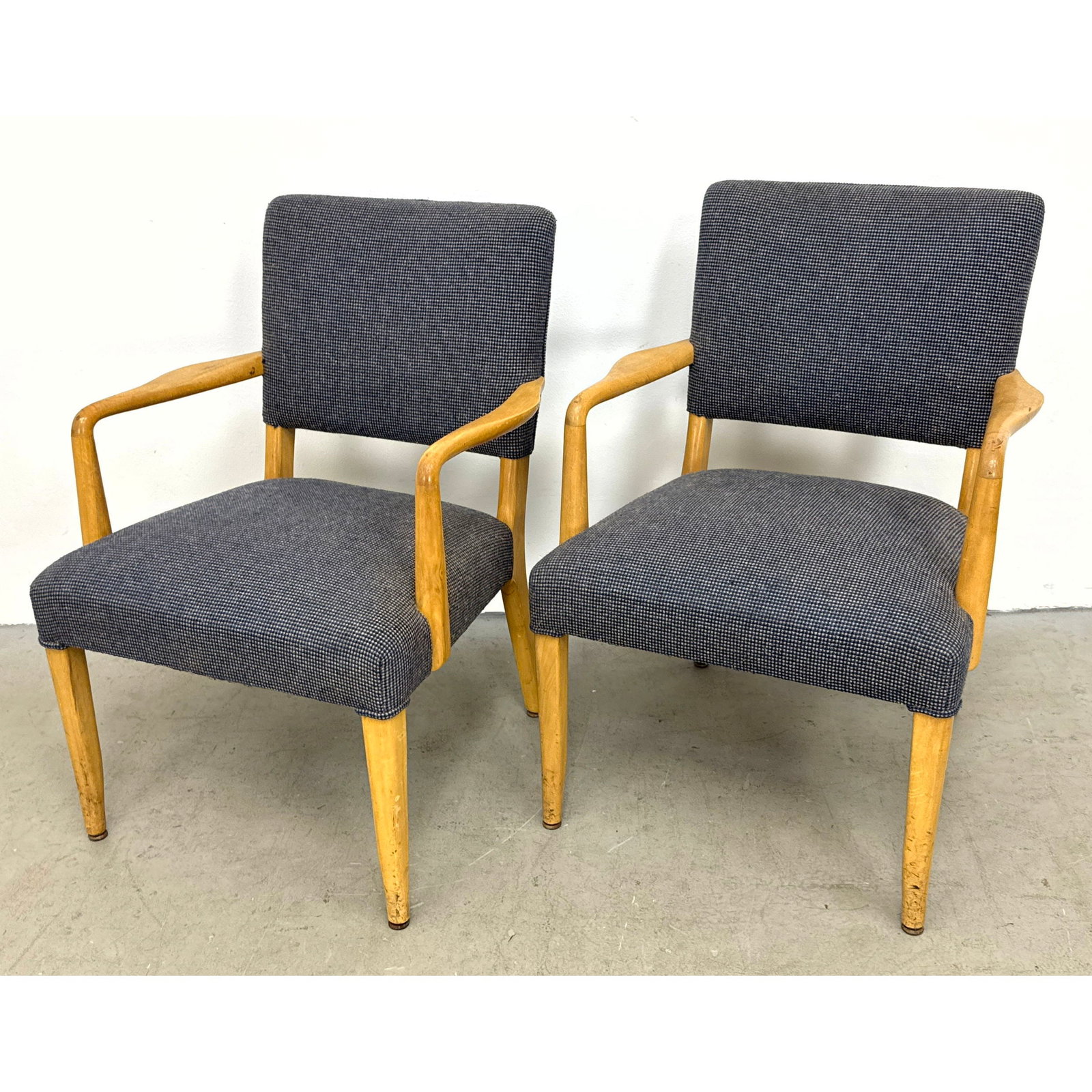 Pair Mid-Century Modern Open Arm Lounge Chairs with Textured Blue Upholstery and Tapered Legs: Pair Mid-Century Modern Open Arm Lounge Chairs with Textured Blue Upholstery and Tapered Legs Dimensions: Height: 33 inches, Width: 24 inches, Depth: 19 inches. - Seat Height: 17 inches ---
