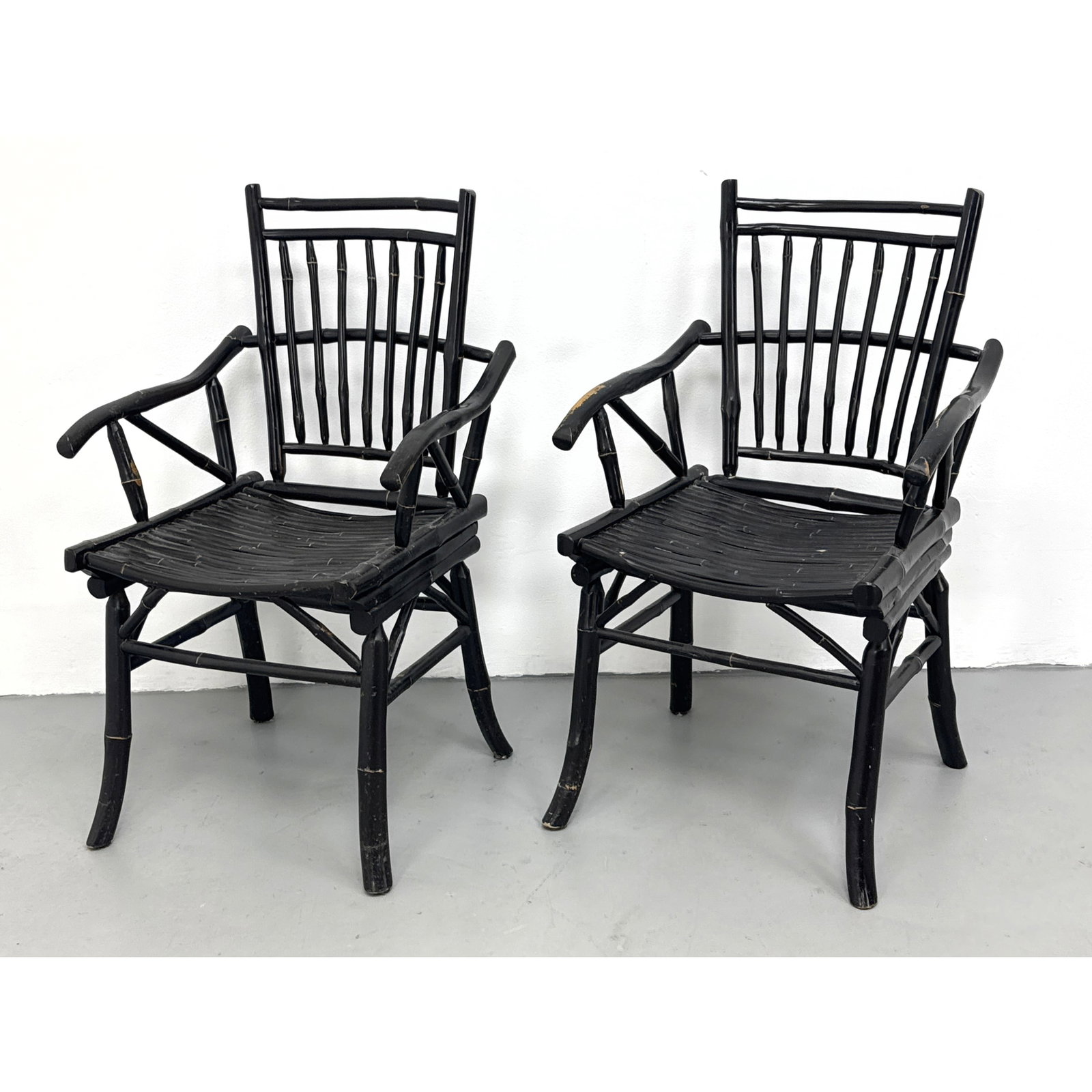 Pair of Chinese Chippendale Style Black Painted Bamboo Armchairs (1 of 12)