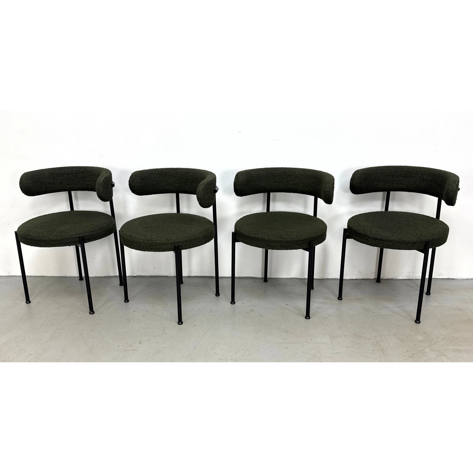 Set 4 JOB'S srl Italian Boucle Upholstered Dining Chairs. Black tubular frames with dark green textu: Set 4 JOB'S srl Italian Boucle Upholstered Dining Chairs. Black tubular frames with dark green textured fabric. Marked Italy. Dimensions: Height: 29 inches, Width: 21 inches, Depth: 20 inches. - Seat 