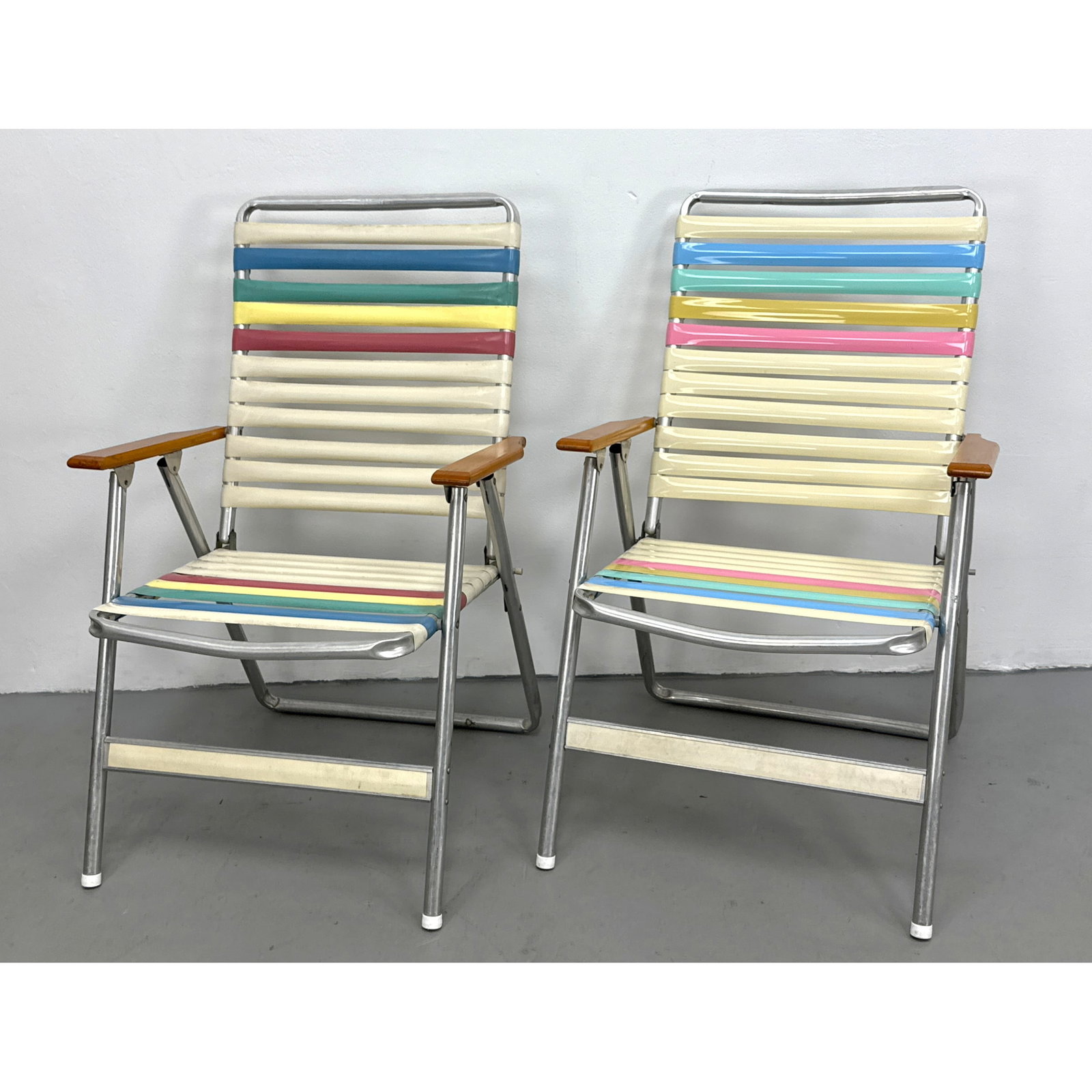 Pair of Mid-Century Modern Folding Aluminum Lawn Chairs with Wood Armrests. Unmarked. (1 of 12)