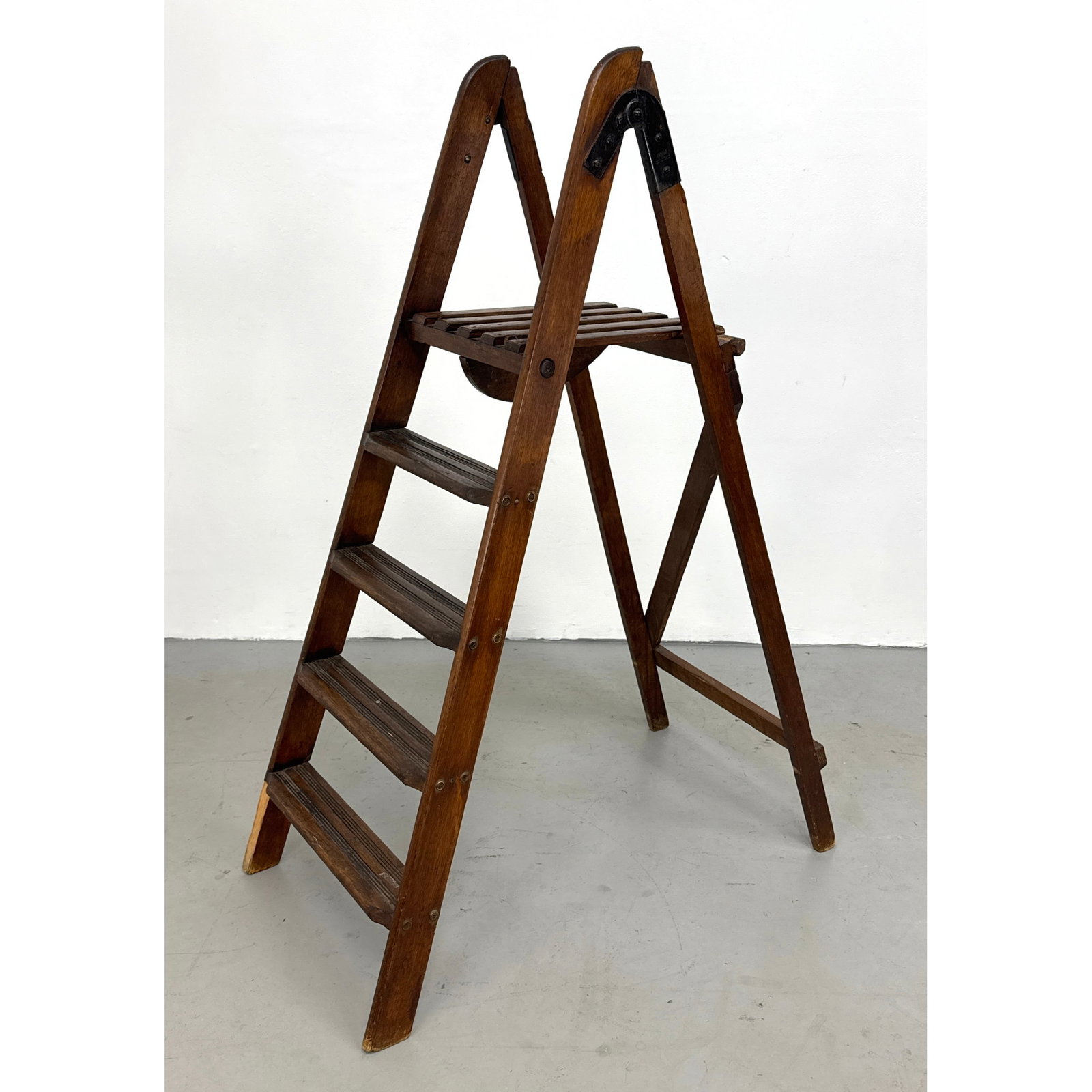 Vintage Hardwood Folding Step Ladder. 19th / Early 20th Century. Wood and Iron.: Vintage Hardwood Folding Step Ladder. 19th / Early 20th Century. Wood and Iron. Dimensions: Height: 51.5 inches, Width: 19.5 inches, Depth: 36 inches. ---