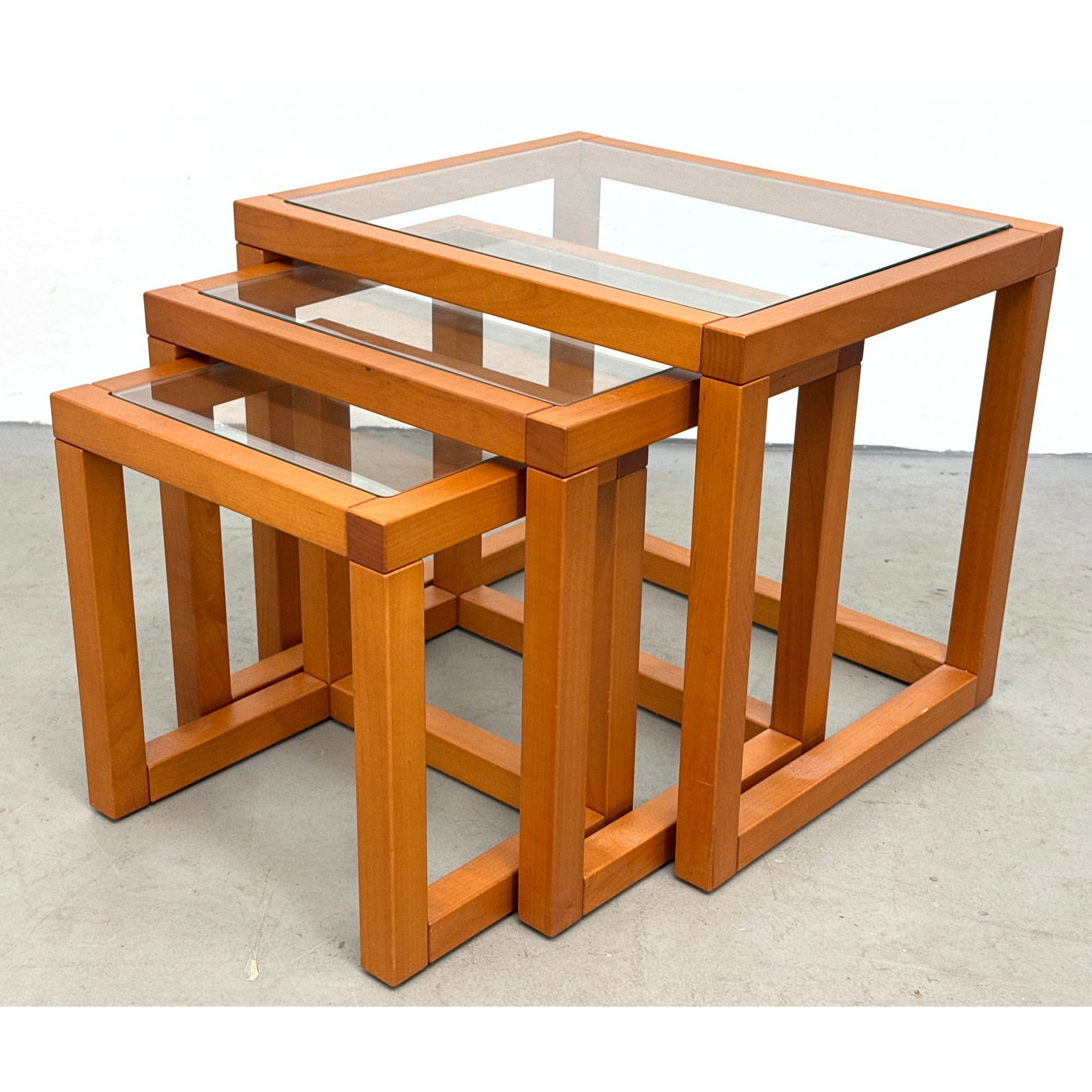 3pc Set Danish Style Hardwood and Glass Nesting Tables with Inset Tops. (1 of 15)