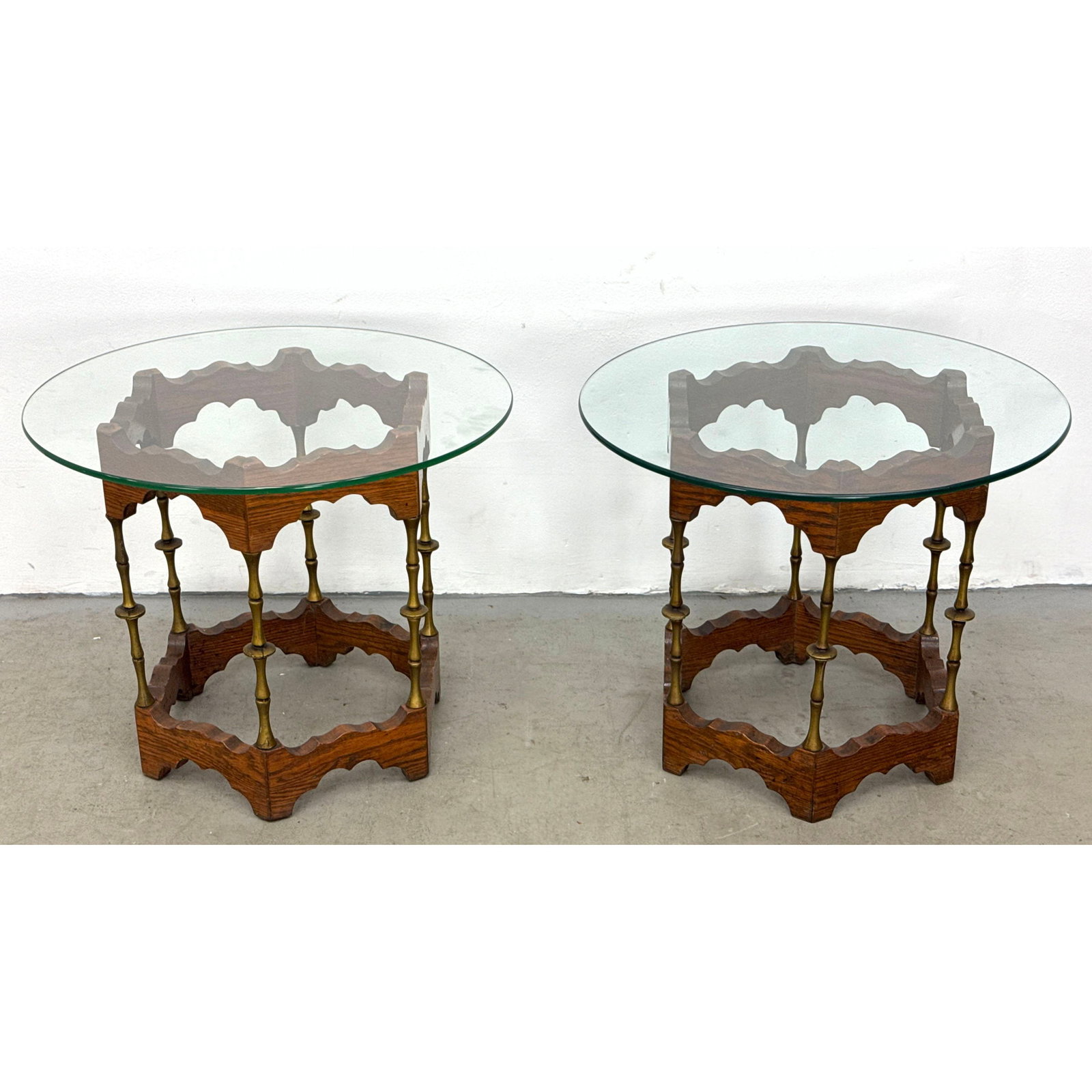 Pair Moorish style hexagonal oak and brass side tables with glass tops (1 of 13)