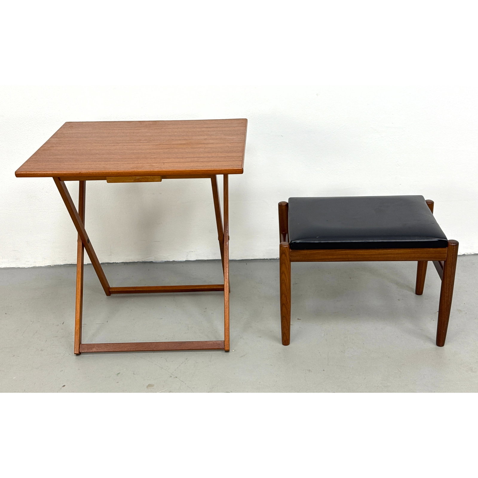 2pcs Danish Modern Teak Folding Tray Table and Teak Upholstered Stool Denmark (1 of 14)