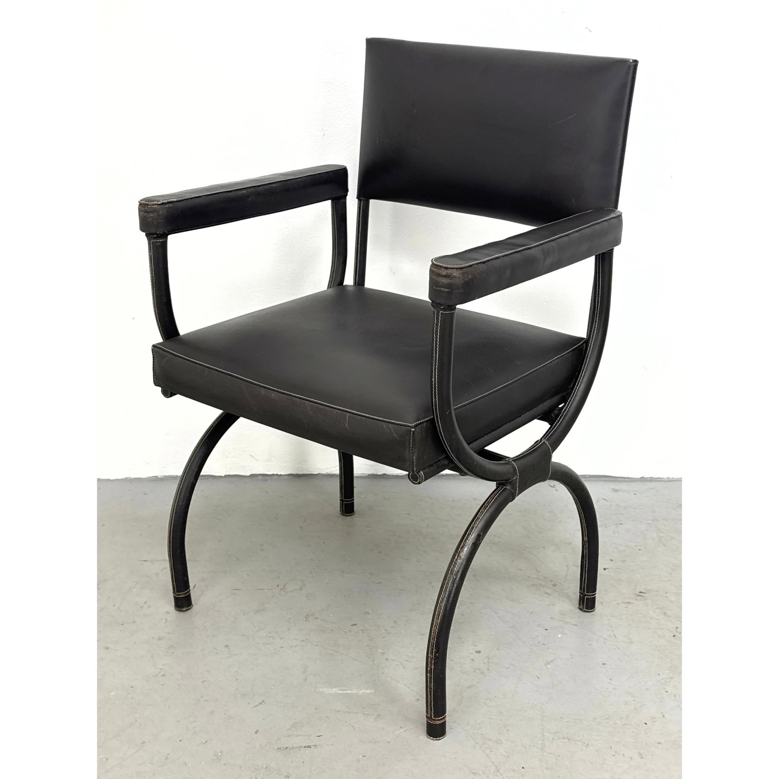 Eric Brand Leather Wrapped Curule Armchair in the Style of Jacques Adnet (1 of 14)