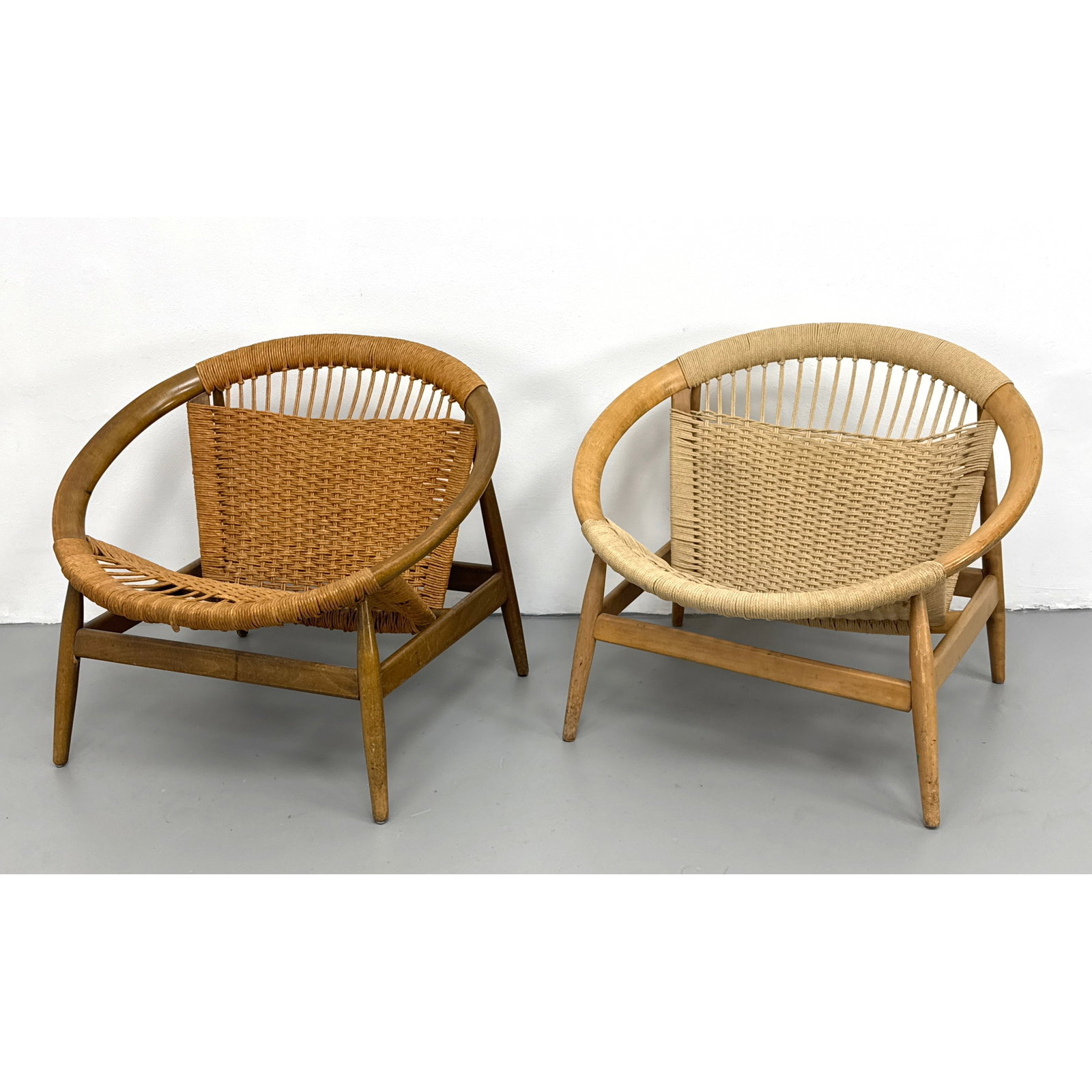 Pair of Illums Wikkelso "ringstol" beech wood and paper cord circle lounge chairs. Made in Italy. (1 of 13)