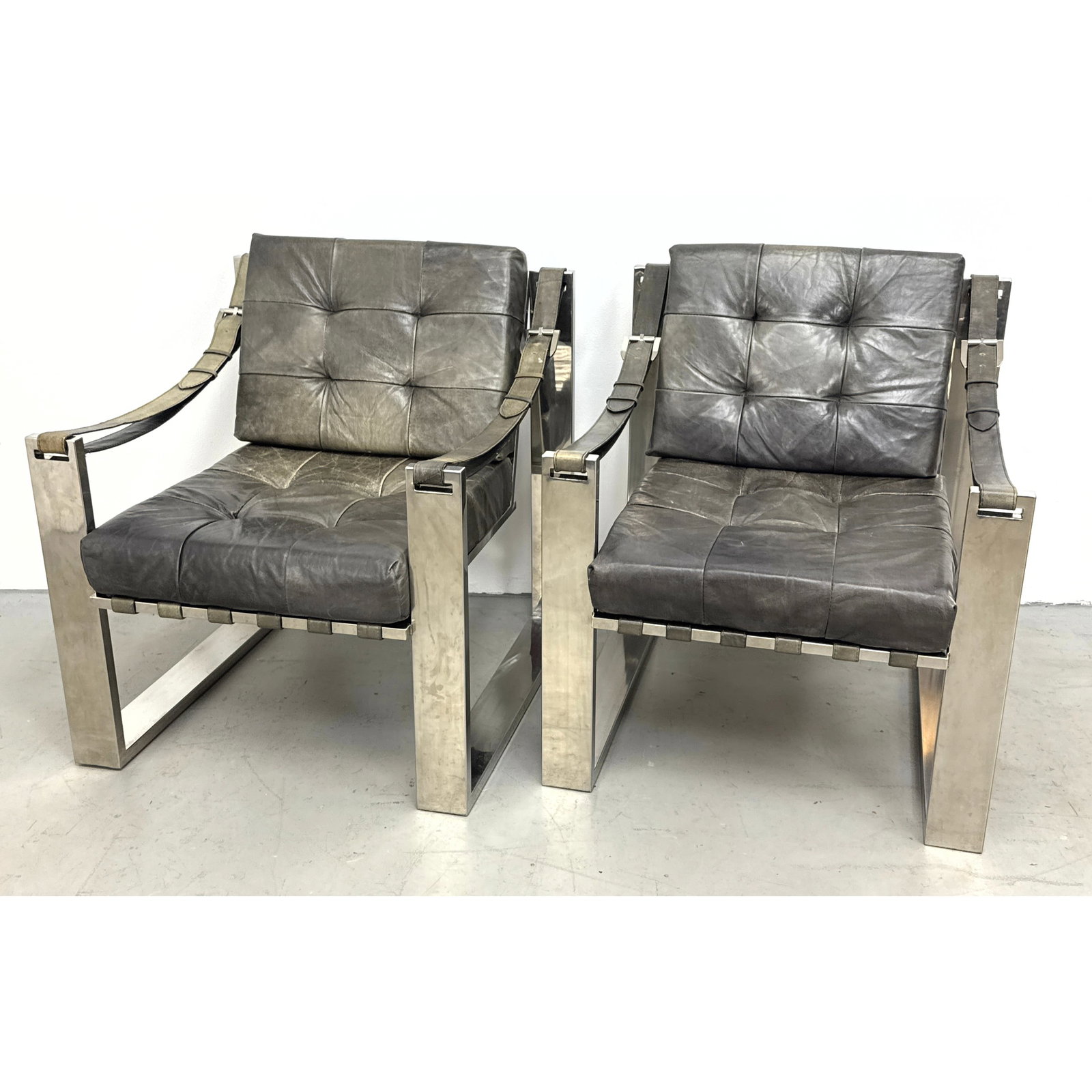 Mid Century Style Esquire Leather and Stainless Steel Martini Lounge Armchairs. Four Hands. (1 of 12)