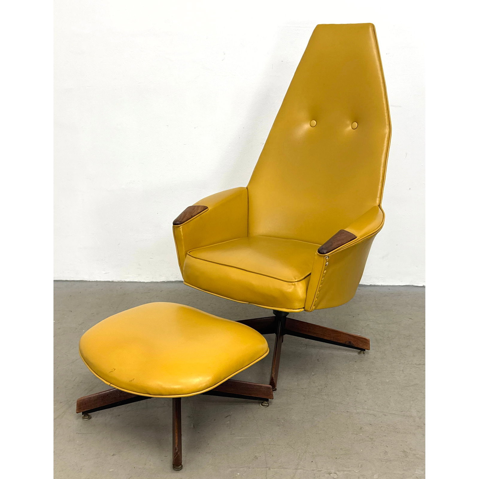 2pc Adrian Pearsall for Craft Associates Mid Century Modern 2174C Lounge Chair and 2175O Ottoman Set: 2pc Adrian Pearsall for Craft Associates Mid Century Modern 2174C Lounge Chair and 2175O Ottoman Set in Mustard Vinyl with Walnut Bases Dimensions: Height: 48 inches, Width: 30.5 inches, Depth: 27 inc