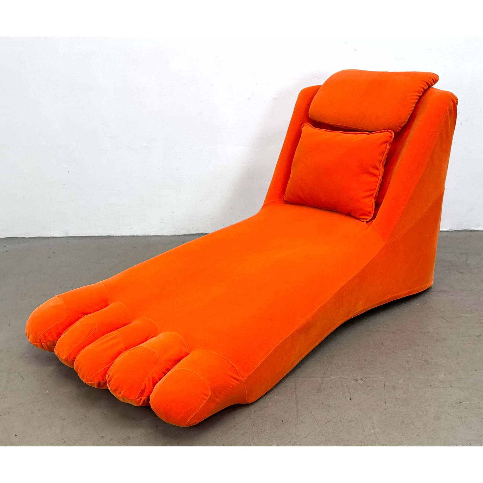 Postmodern Giant Human Foot Form Chaise Lounge Chair upholstered in Orange Velvet with 2 Pillows (1 of 10)
