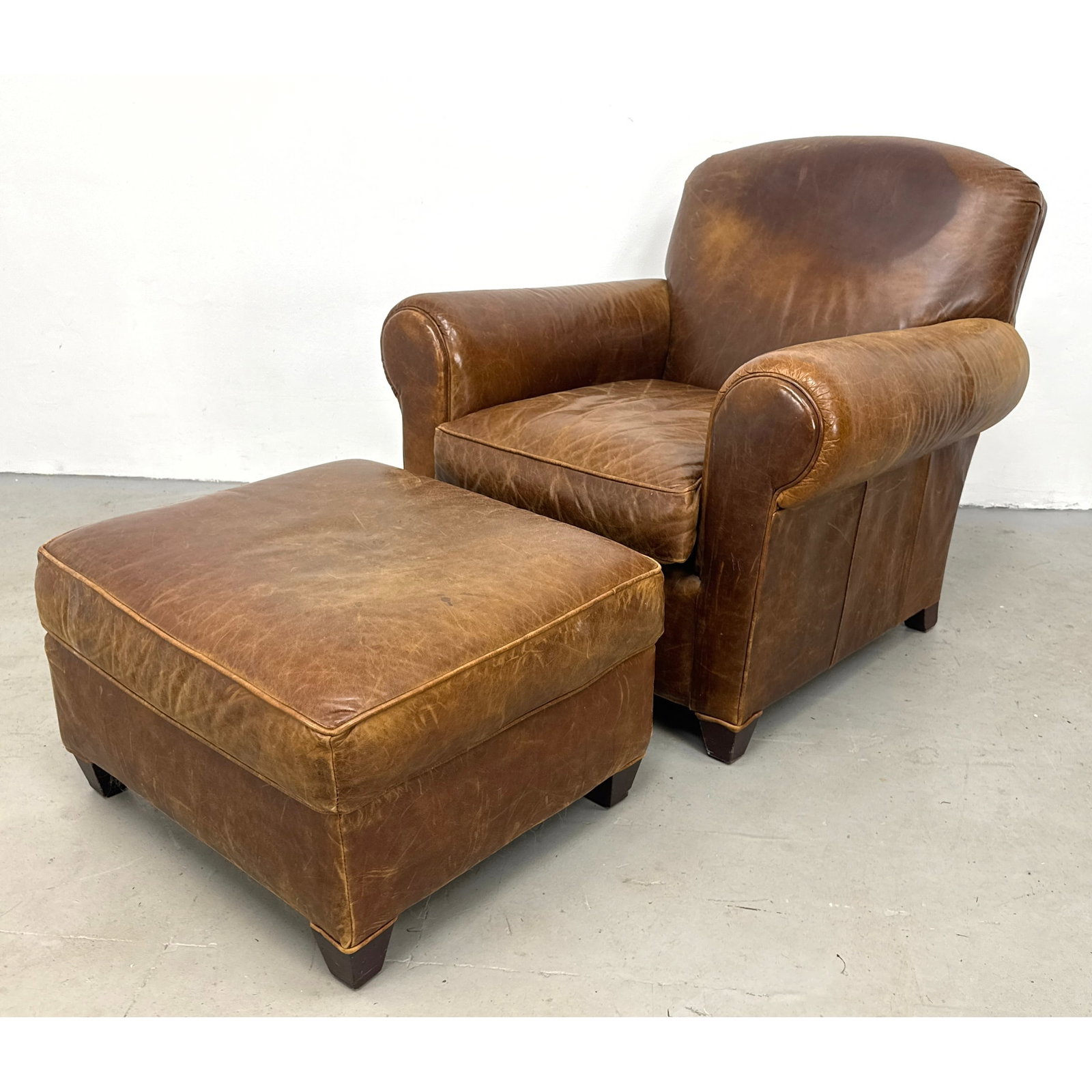 Crate and Barrel 2pc Leather Club Chair and Matching Ottoman set with rolled arms and tapered dark w (1 of 15)