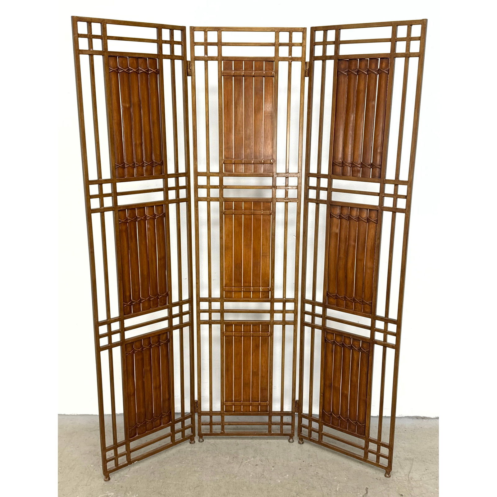 3 Panel Art Deco Style Metal and Rattan Folding Floor Screen with Faux Bois Finish: 3 Panel Art Deco Style Metal and Rattan Folding Floor Screen with Faux Bois Finish Dimensions: Height: 71 inches, Width: 54 inches, Depth: 2.25 inches. ---