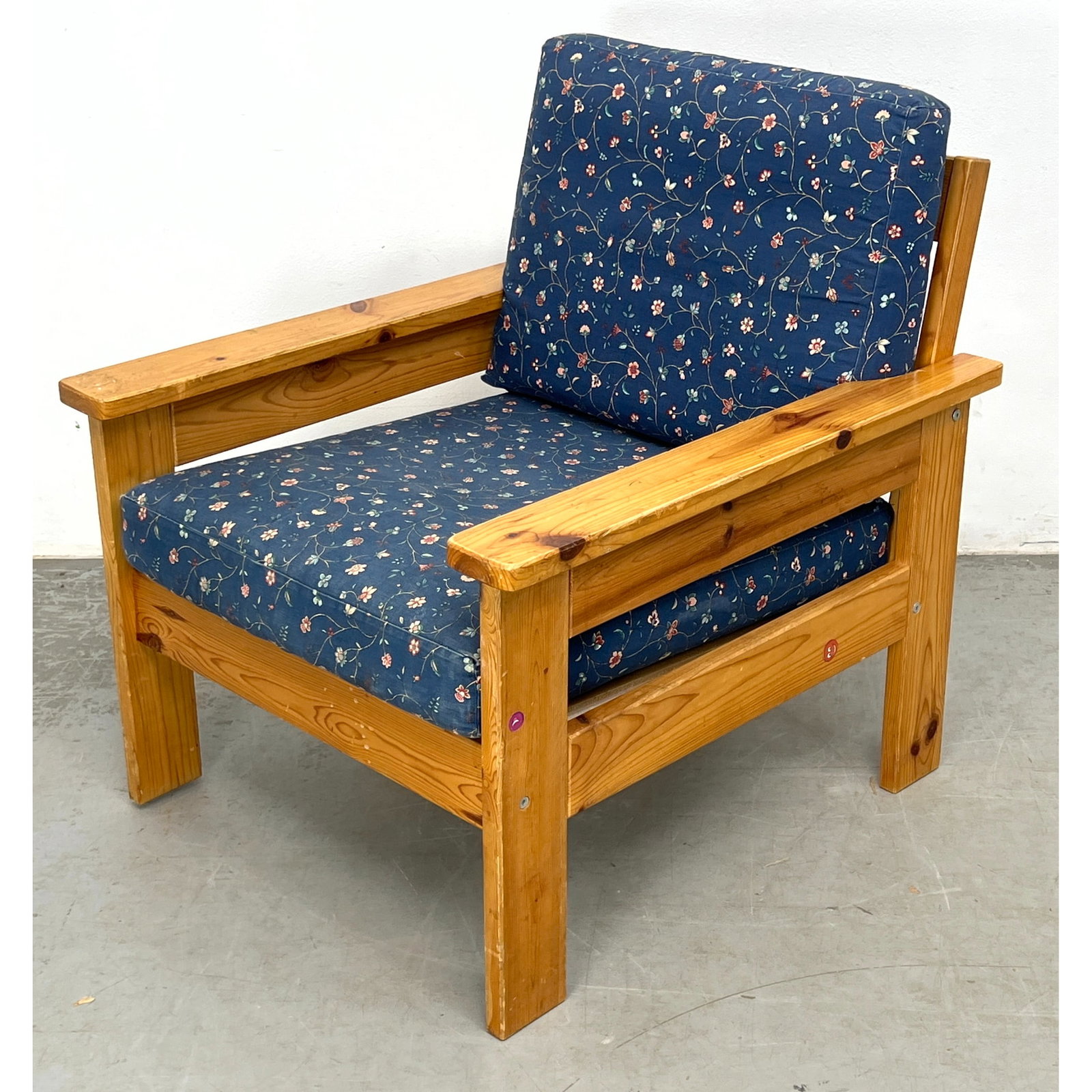 Swedish Mid-Century Modern Pine Low Lounge Armchair, Blue Upholstery: Swedish Mid-Century Modern Pine Low Lounge Armchair, Blue Upholstery Dimensions: Height: 28.5 inches, Width: 27.5 inches, Depth: 29.5 inches. - Seat Height: 16.5 inches ---
