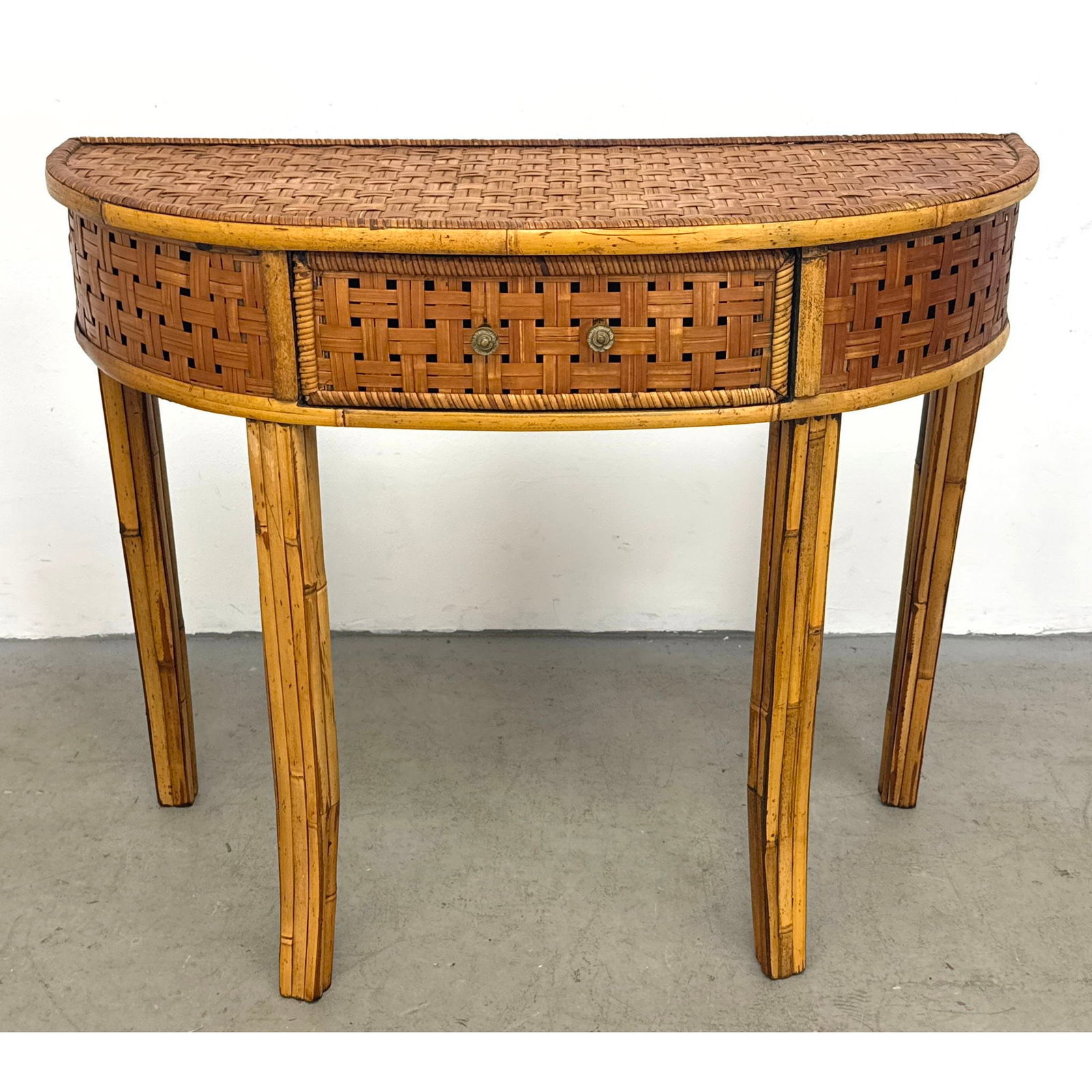 Bamboo and Woven Rattan Demilune Console Table With Single Drawer (1 of 10)