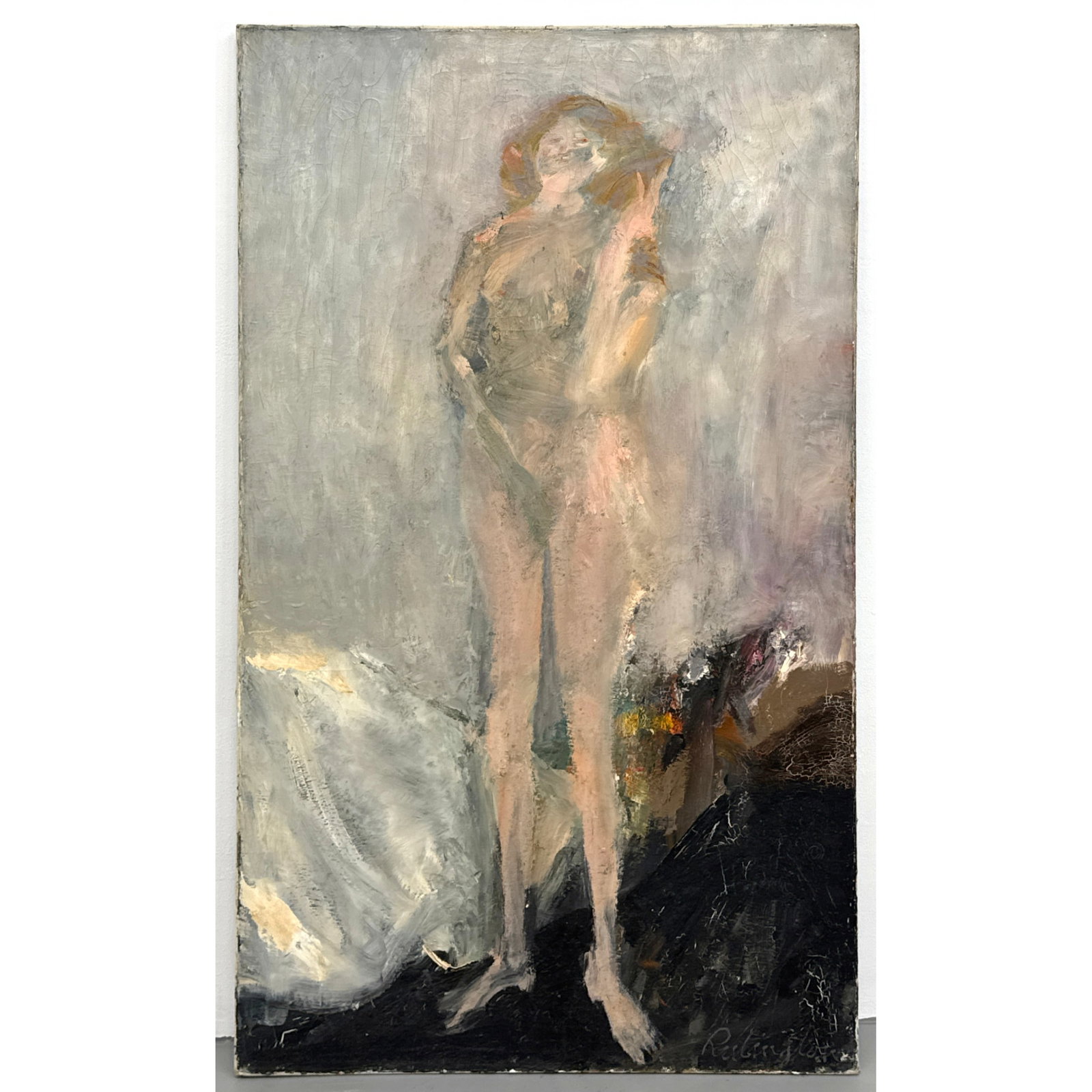 Large Norman Rubington White Light Oil Painting on Canvas. Standing Female Nude. Signed and dated 19: Large Norman Rubington White Light Oil Painting on Canvas. Standing Female Nude. Signed and dated 1959. Dimensions: Height: 57.5 inches, Width: 35.25 inches. ---