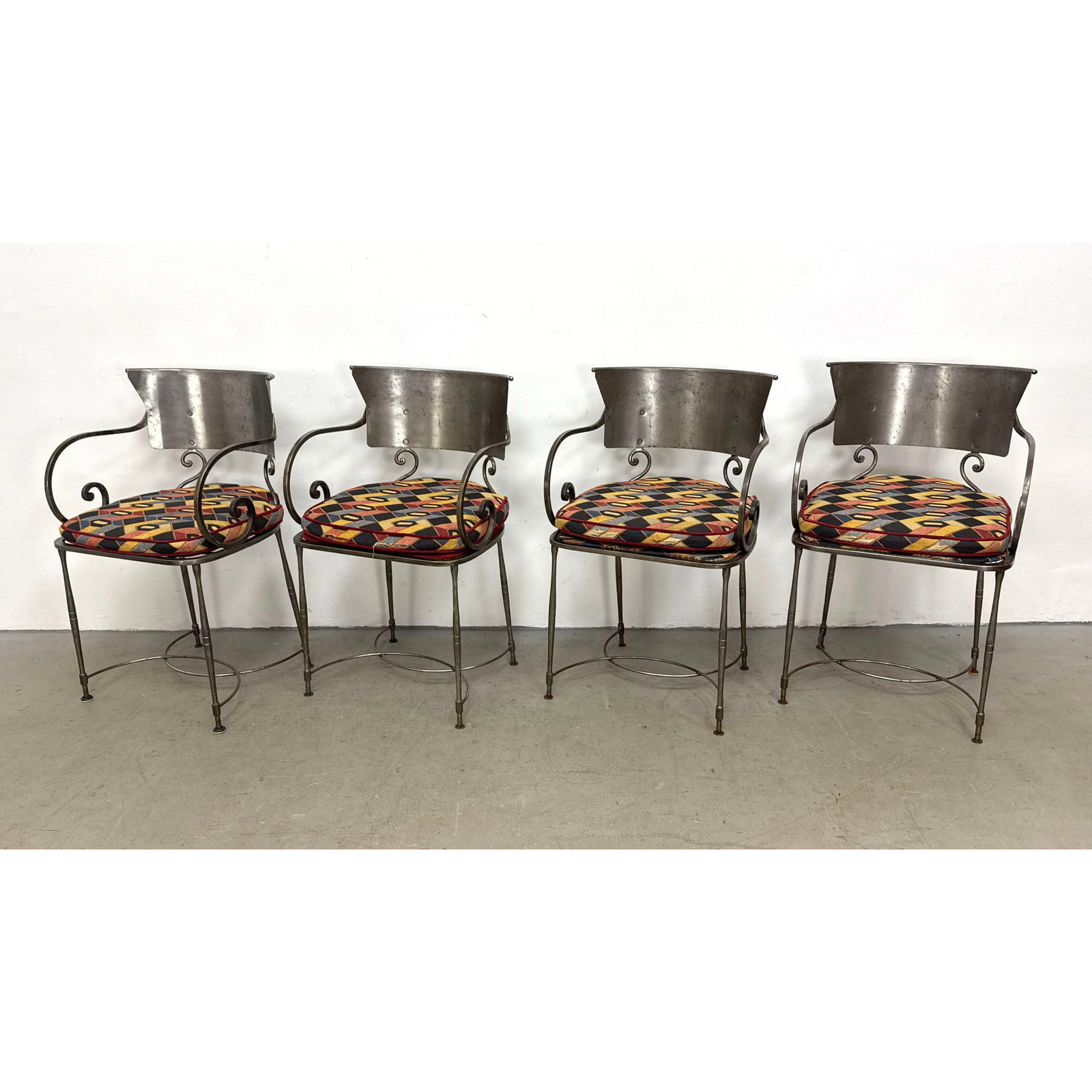 4pc Set Italian Style Hand Wrought Steel Dining Armchairs with Geometric Harlequin Cushions: 4pc Set Italian Style Hand Wrought Steel Dining Armchairs with Geometric Harlequin Cushions Dimensions: Height: 31.5 inches, Width: 19.5 inches, Depth: 18 inches. - Seat Height: 19 inches ---