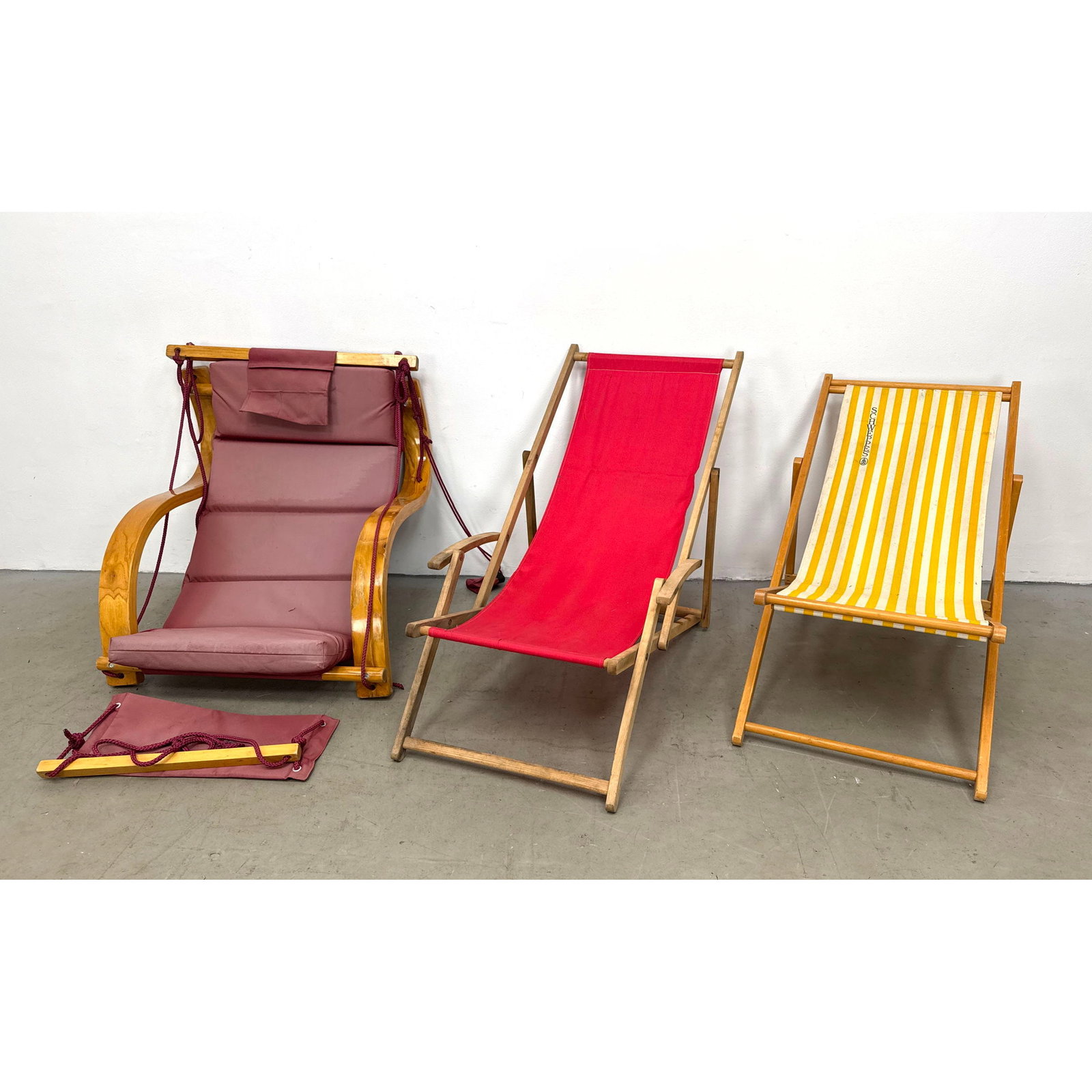 3pc lot of outdoor lounge chairs. 1 Destin Trek padded hanging swing chair and 2 wooden folding deck (1 of 20)