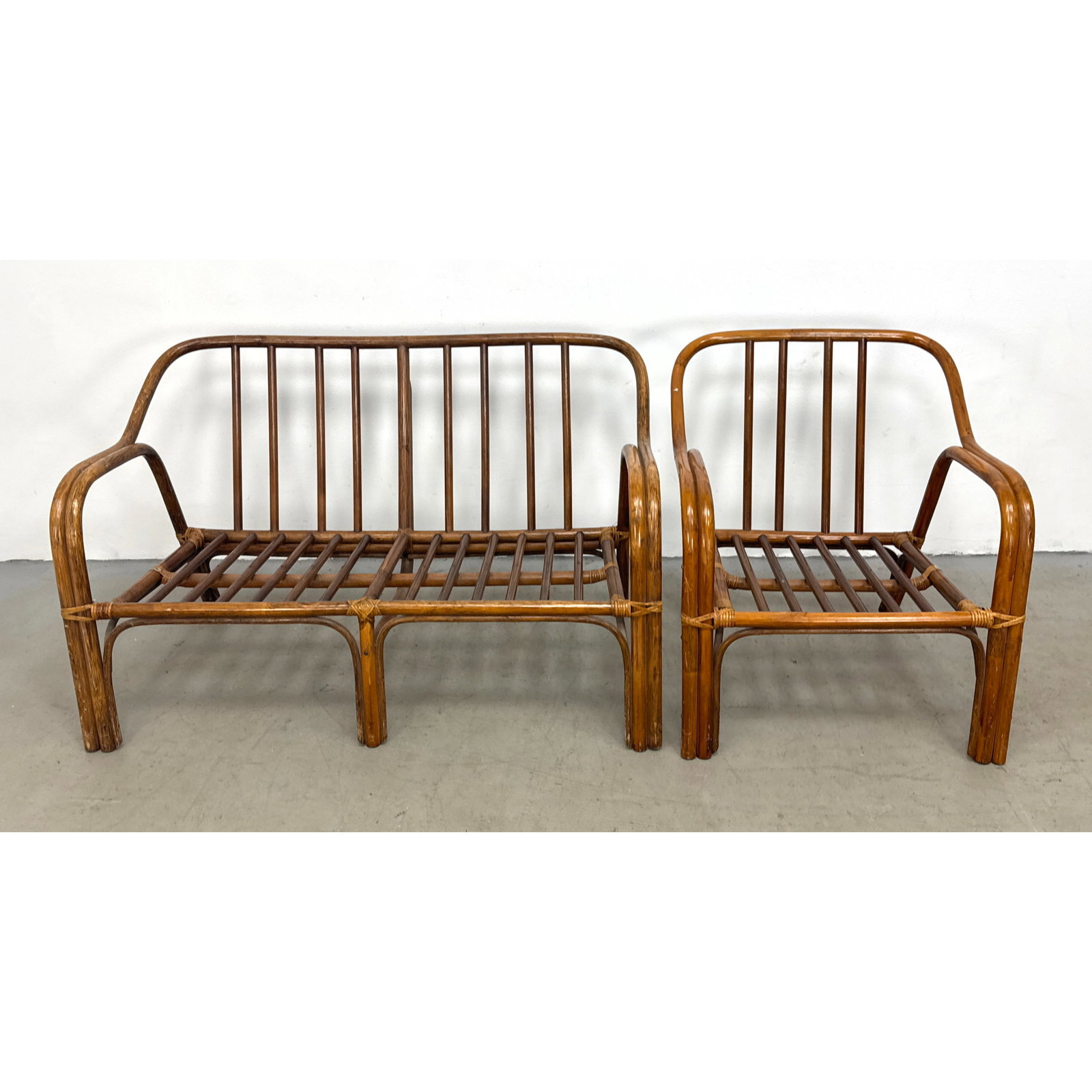 2pc Rexon Taiwan bent rattan and bamboo seating set including mid century modern style settee and ar (1 of 17)