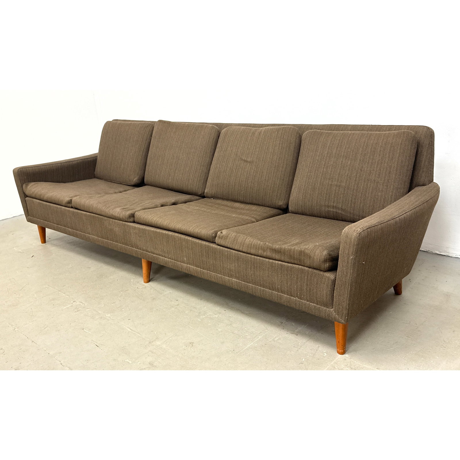 Folke Ohlsson for Dux Swedish Sofa Couch. Mid Century Modern 4 seat brown upholstered sofa with tape (1 of 14)