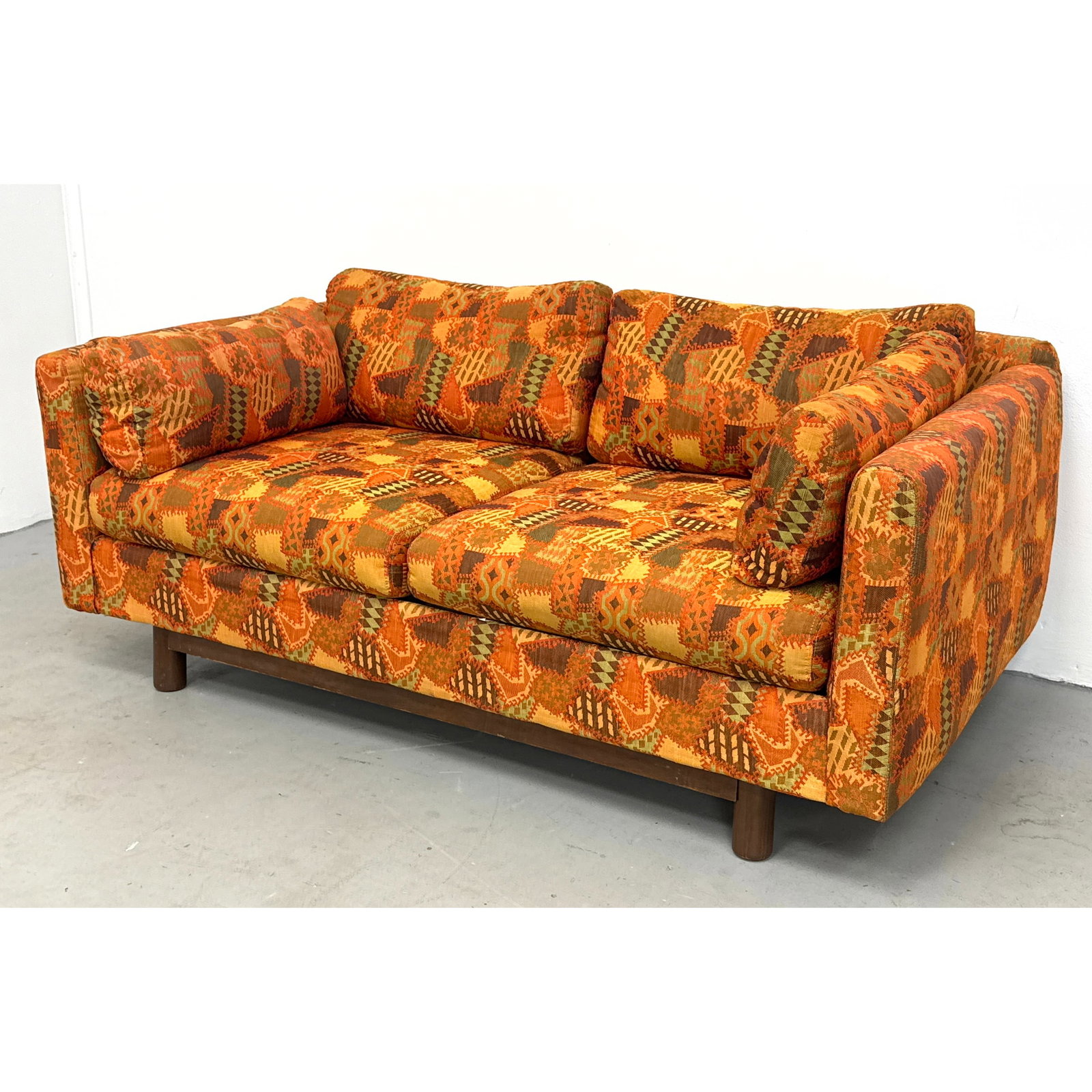Selig of Monroe Mid-Century Modern 2-Seat Sofa with Jack Lenor Larsen Style Calico Geometric Print U: Selig of Monroe Mid-Century Modern 2-Seat Sofa with Jack Lenor Larsen Style Calico Geometric Print Upholstery. Dimensions: Height: 25 inches, Width: 60 inches, Depth: 34 inches. - Seat Height: 16.5